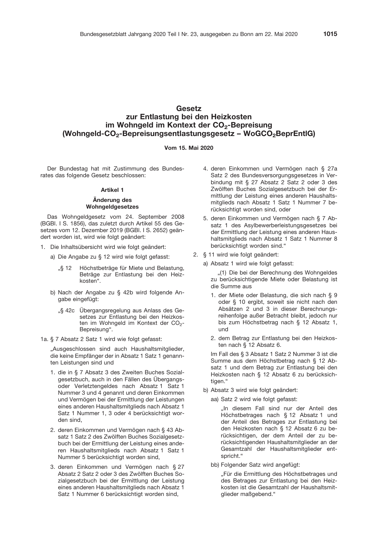 BGBl. 2020, Seite 1015 — Originalseite als Abbildung