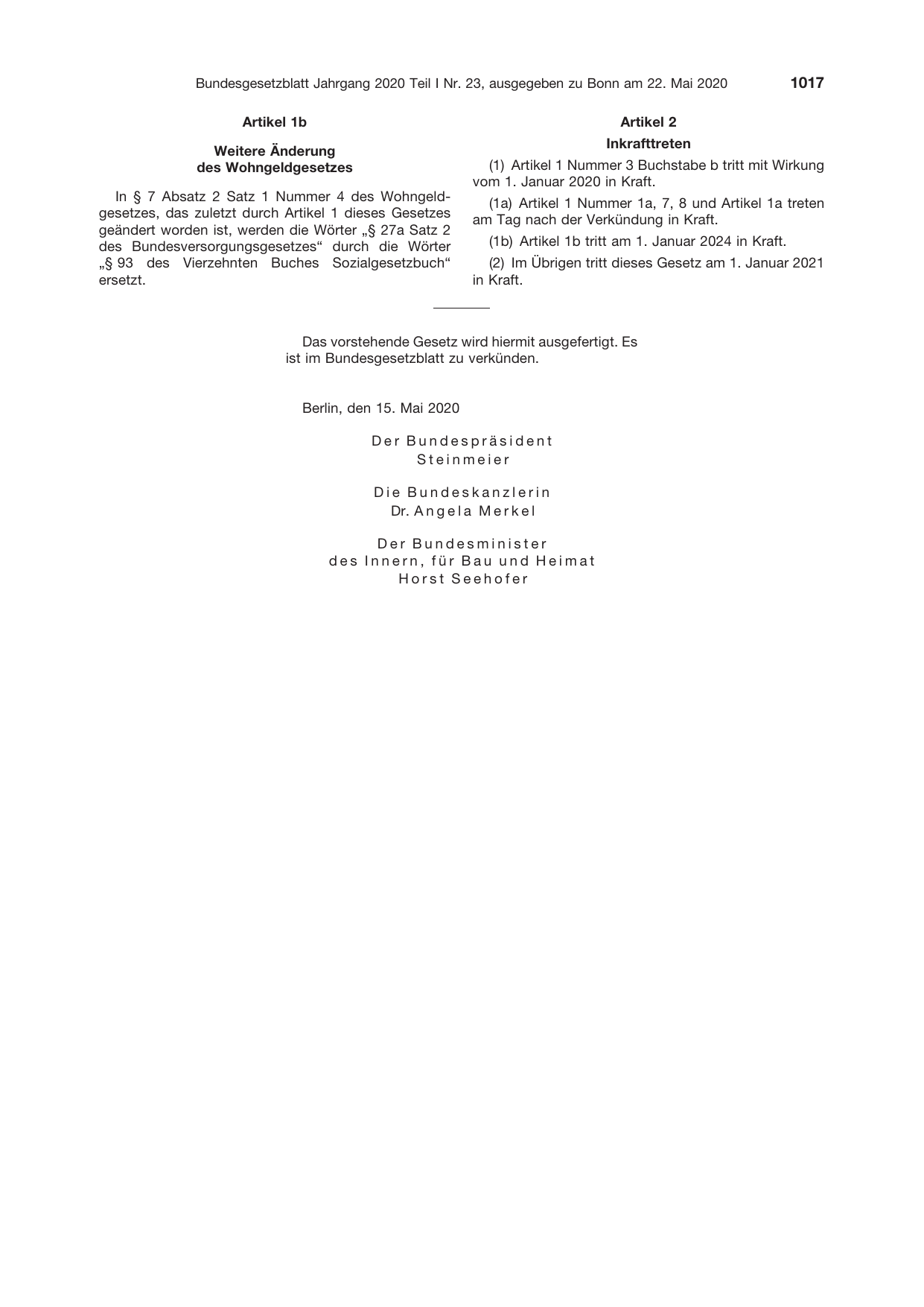 BGBl. 2020, Seite 1017 — Originalseite als Abbildung