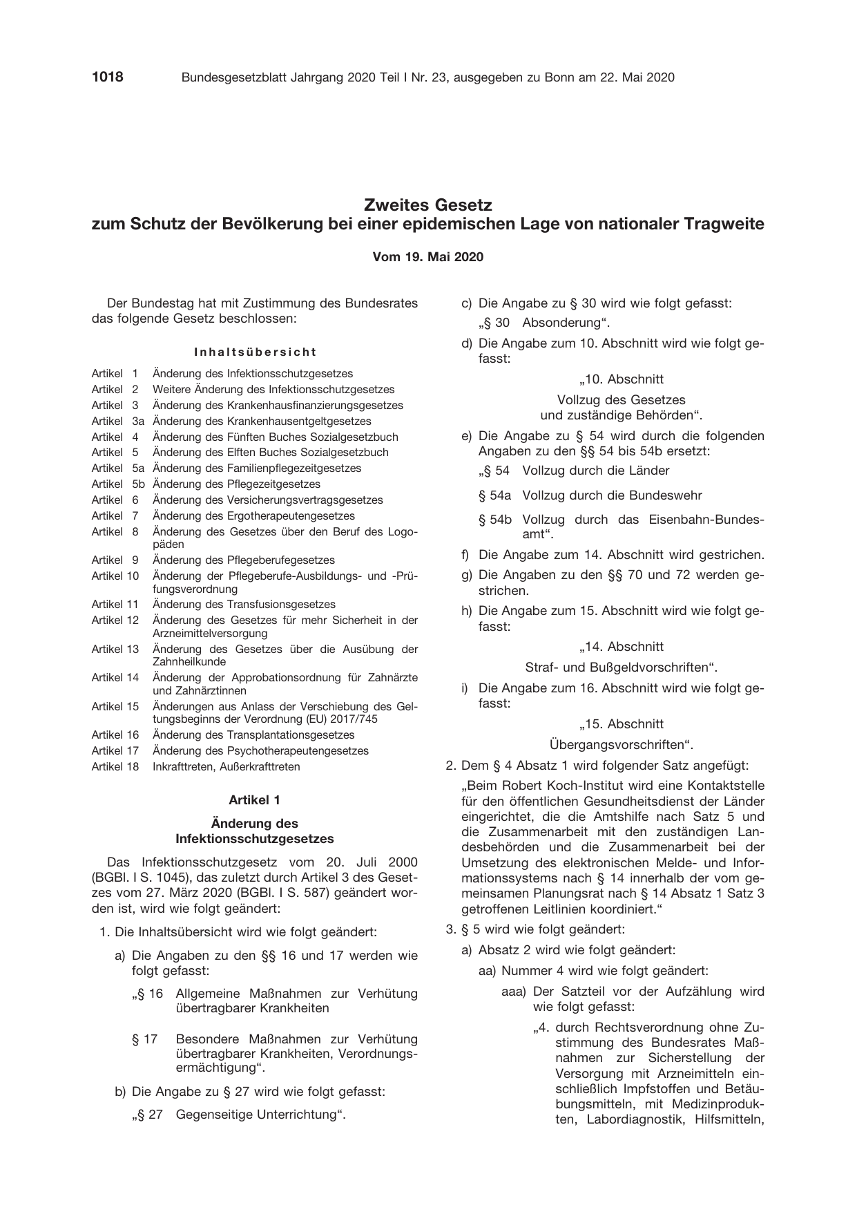 BGBl. 2020, Seite 1018 — Originalseite als Abbildung