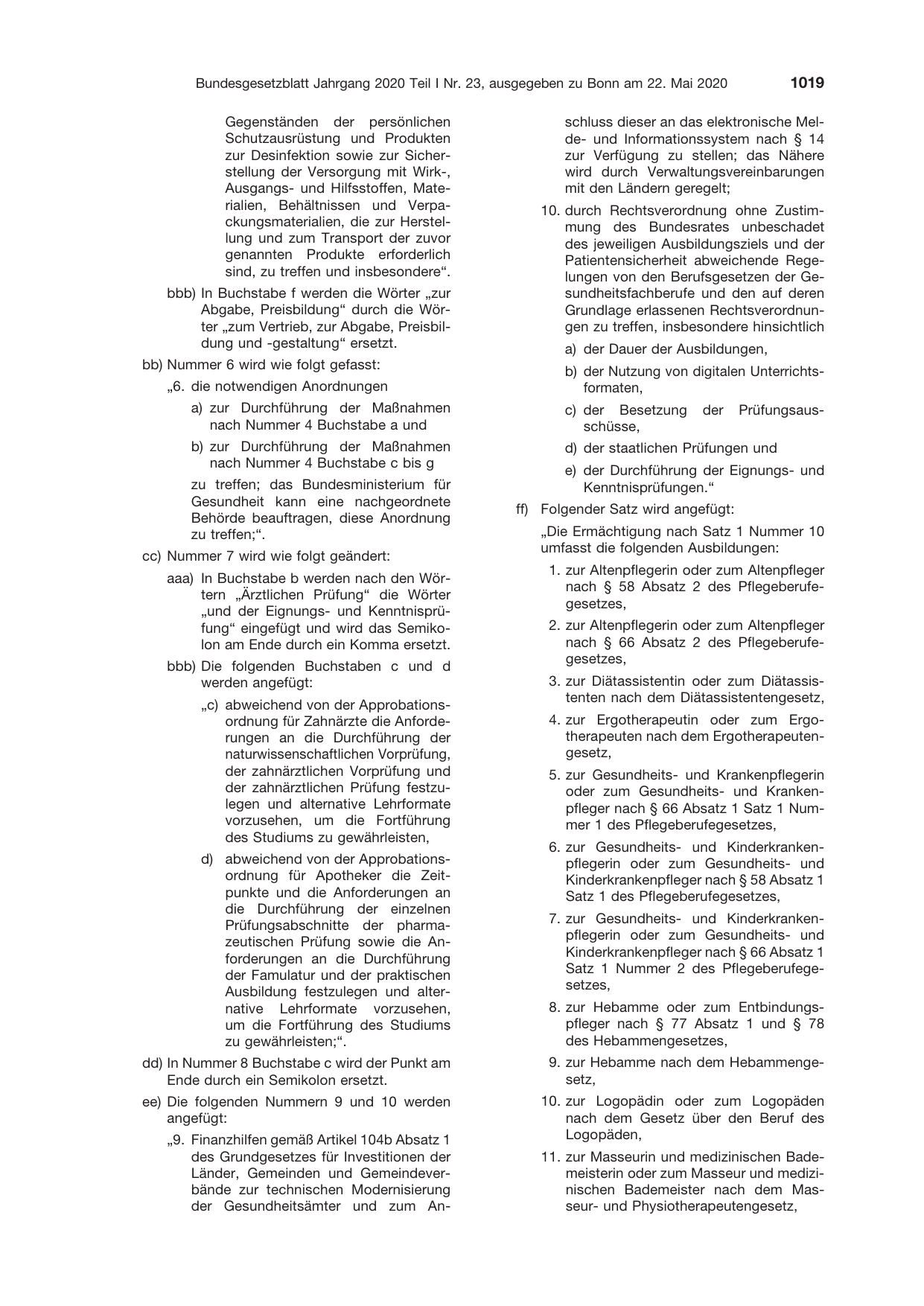 BGBl. 2020, Seite 1019 — Originalseite als Abbildung