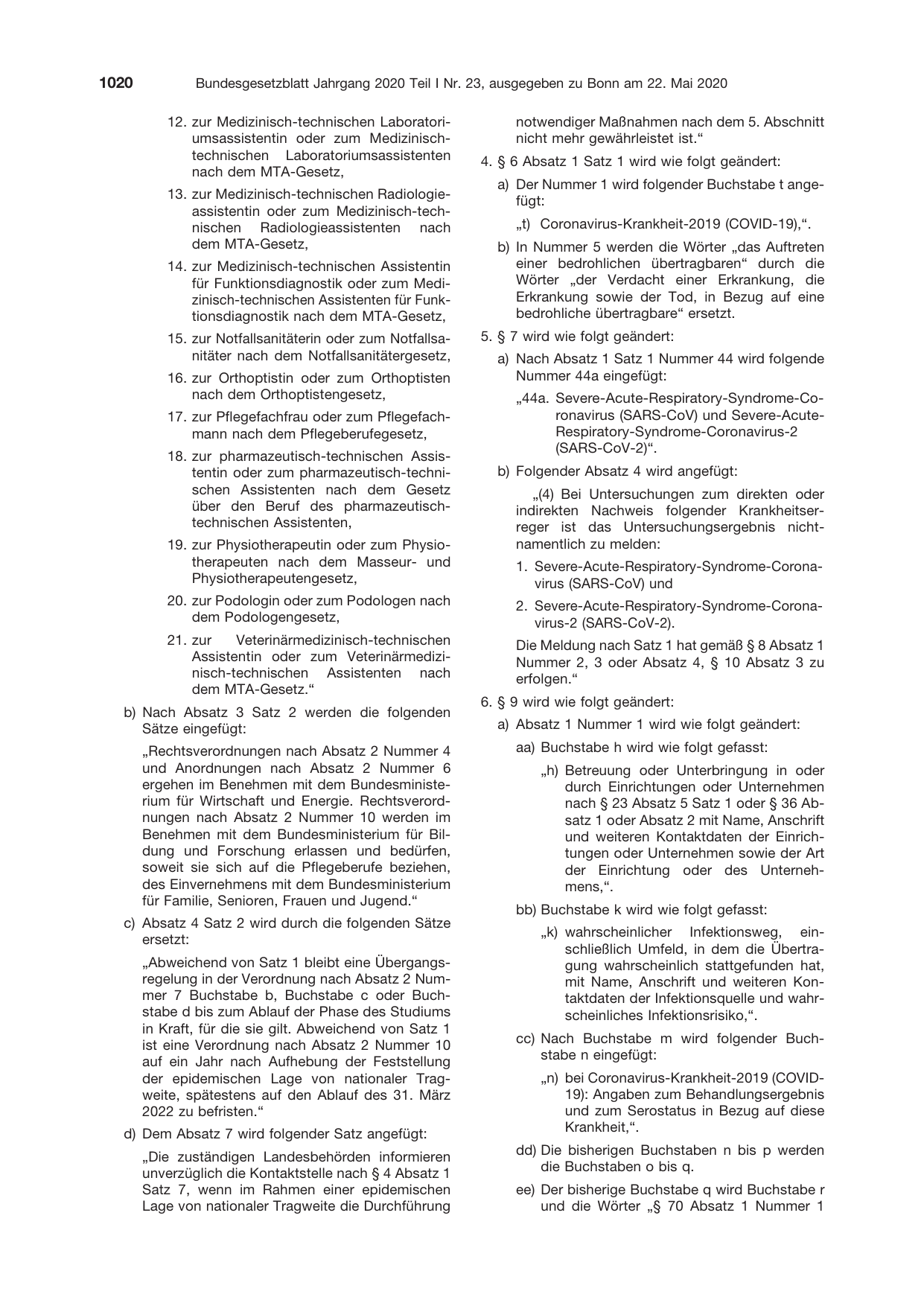 BGBl. 2020, Seite 1020 — Originalseite als Abbildung