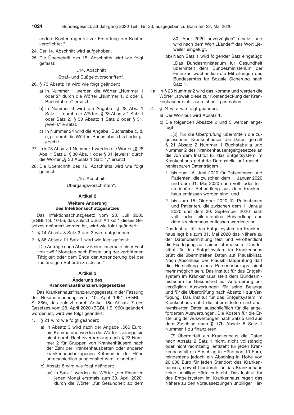 BGBl. 2020, Seite 1024 — Originalseite als Abbildung