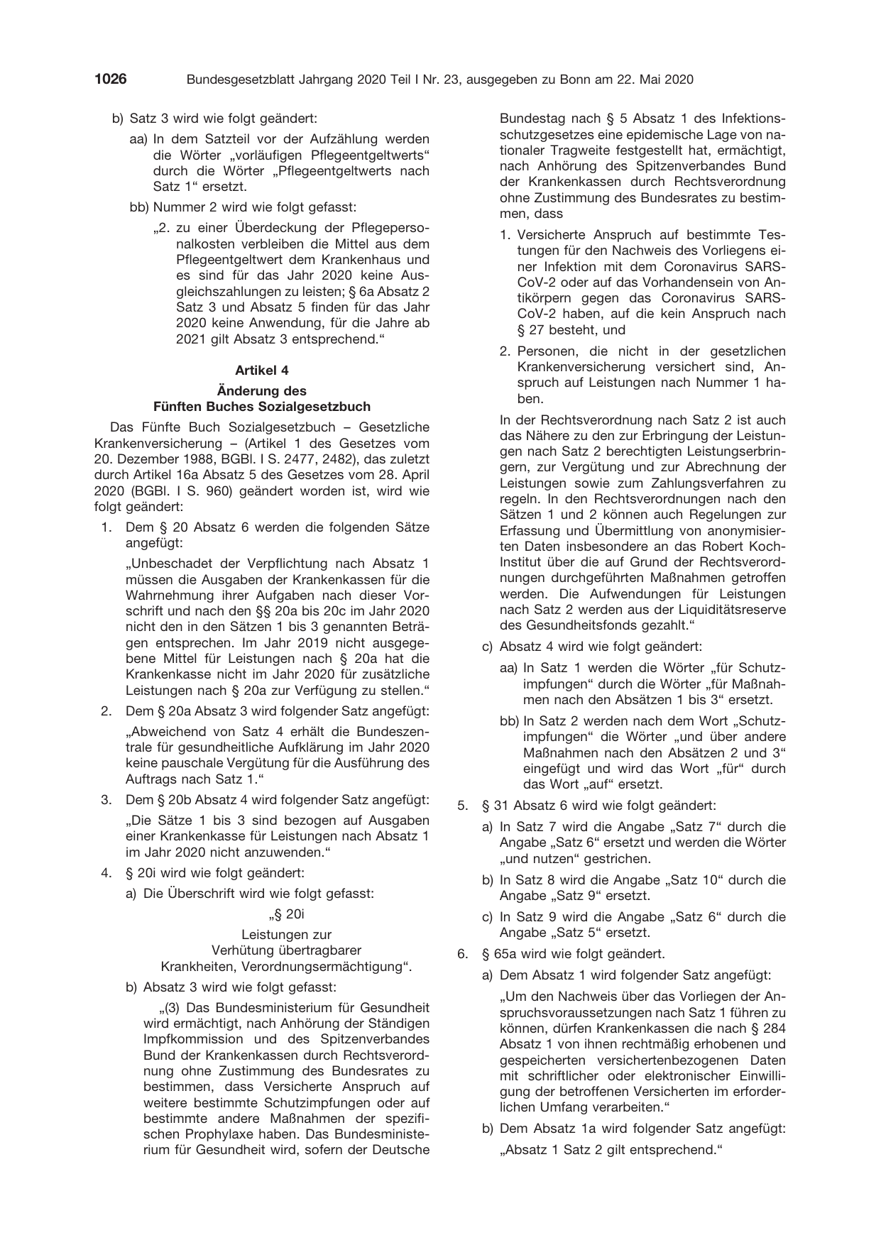 BGBl. 2020, Seite 1026 — Originalseite als Abbildung