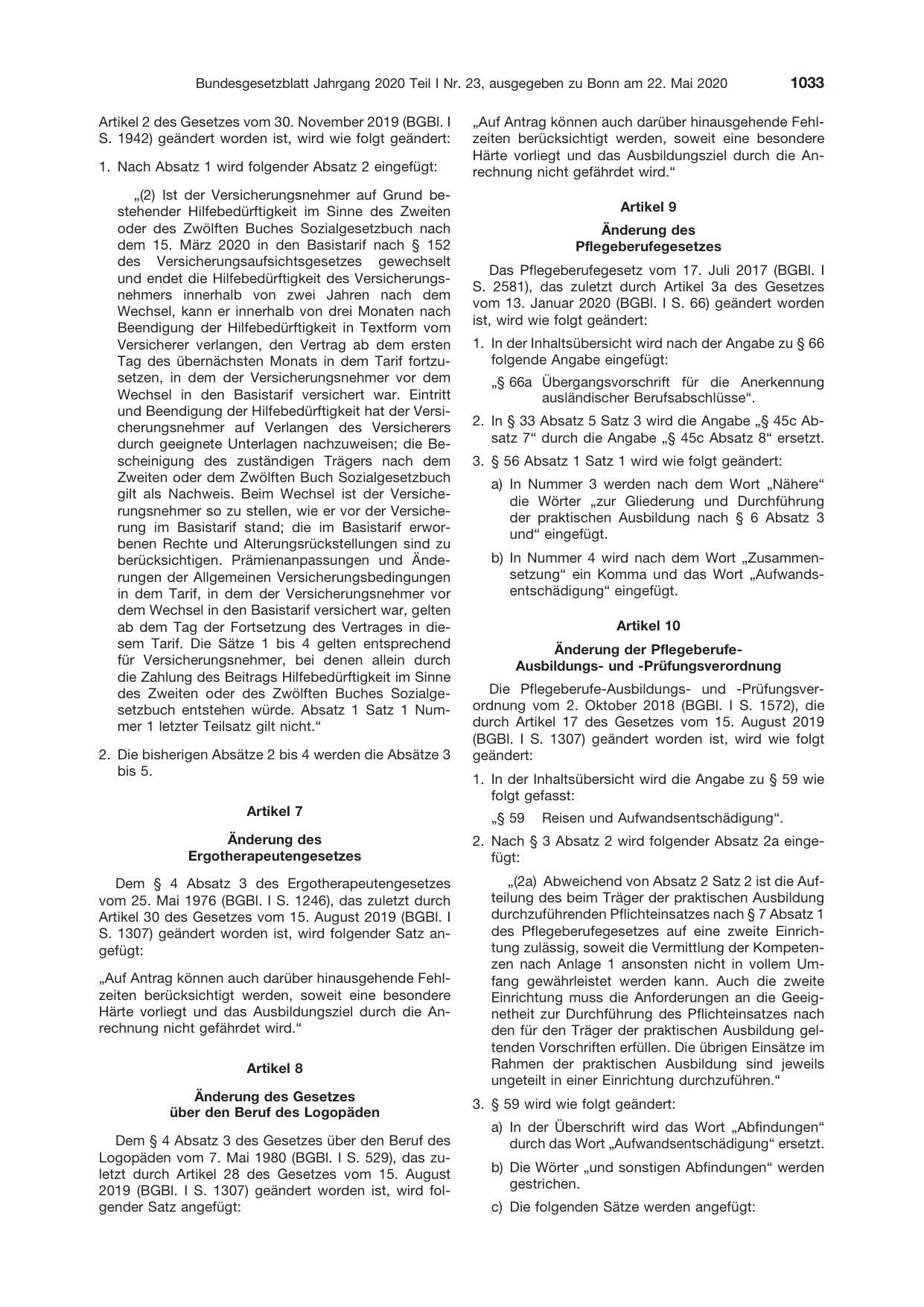 BGBl. 2020, Seite 1033 — Originalseite als Abbildung