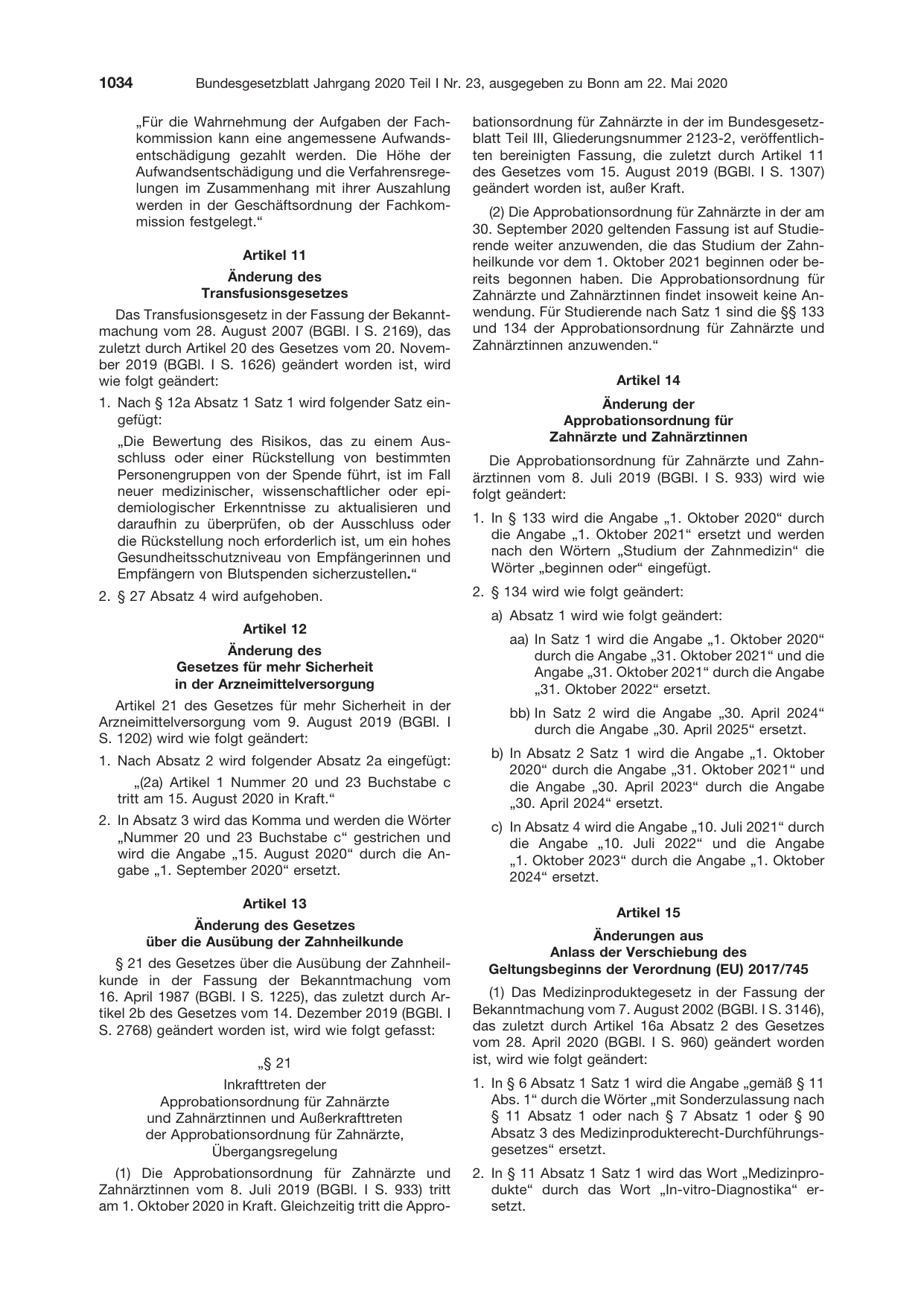 BGBl. 2020, Seite 1034 — Originalseite als Abbildung