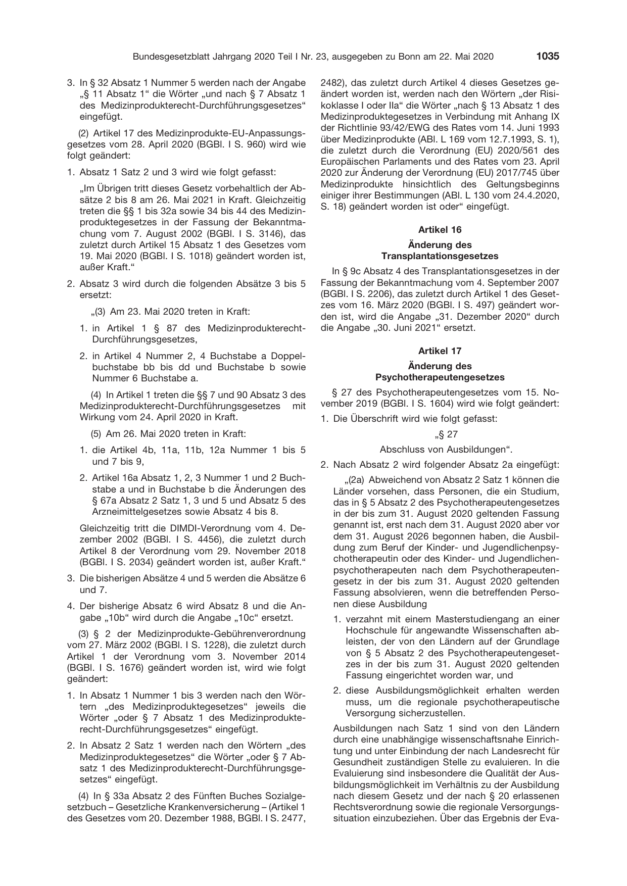 BGBl. 2020, Seite 1035 — Originalseite als Abbildung