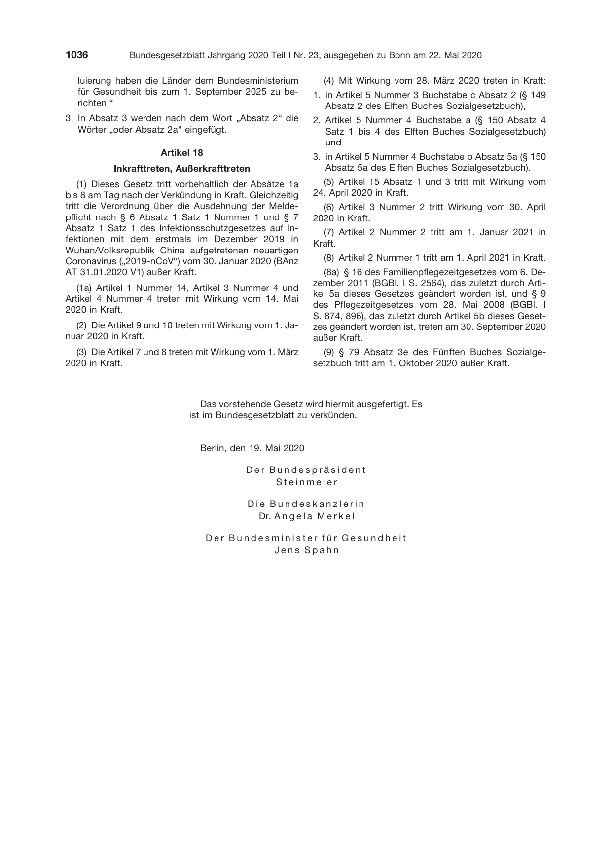 BGBl. 2020, Seite 1036 — Originalseite als Abbildung