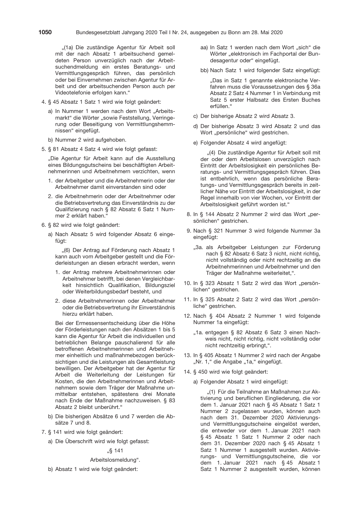 BGBl. 2020, Seite 1050 — Originalseite als Abbildung