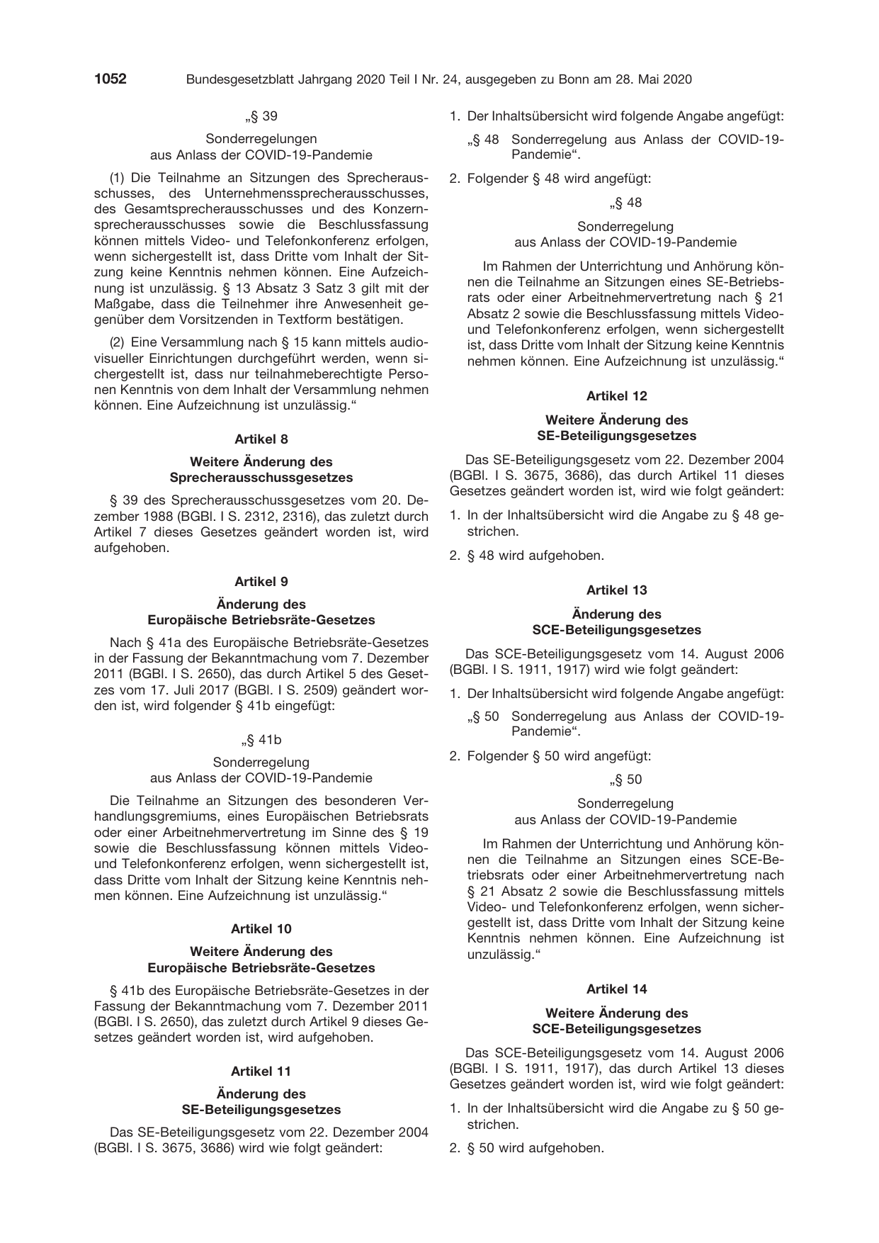 BGBl. 2020, Seite 1052 — Originalseite als Abbildung