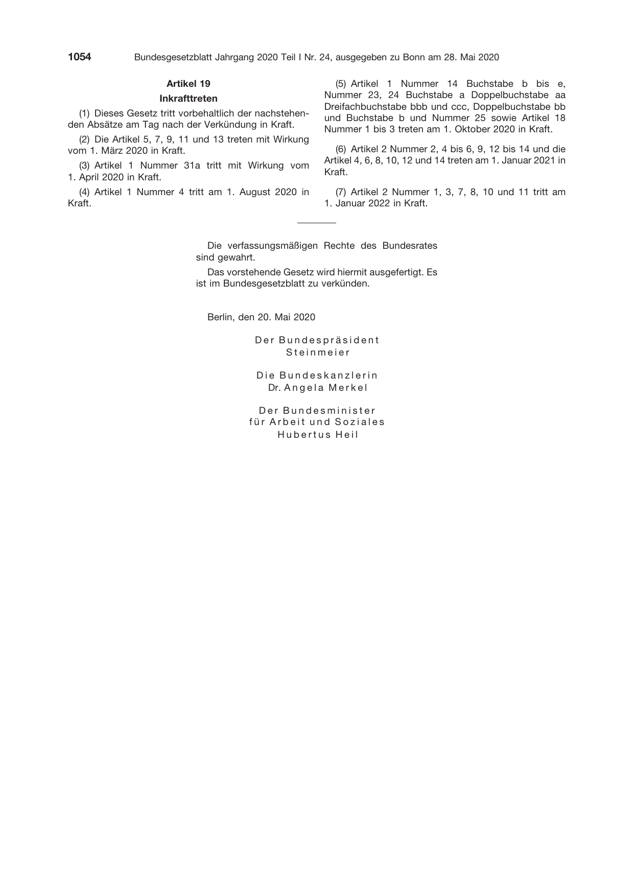 BGBl. 2020, Seite 1054 — Originalseite als Abbildung