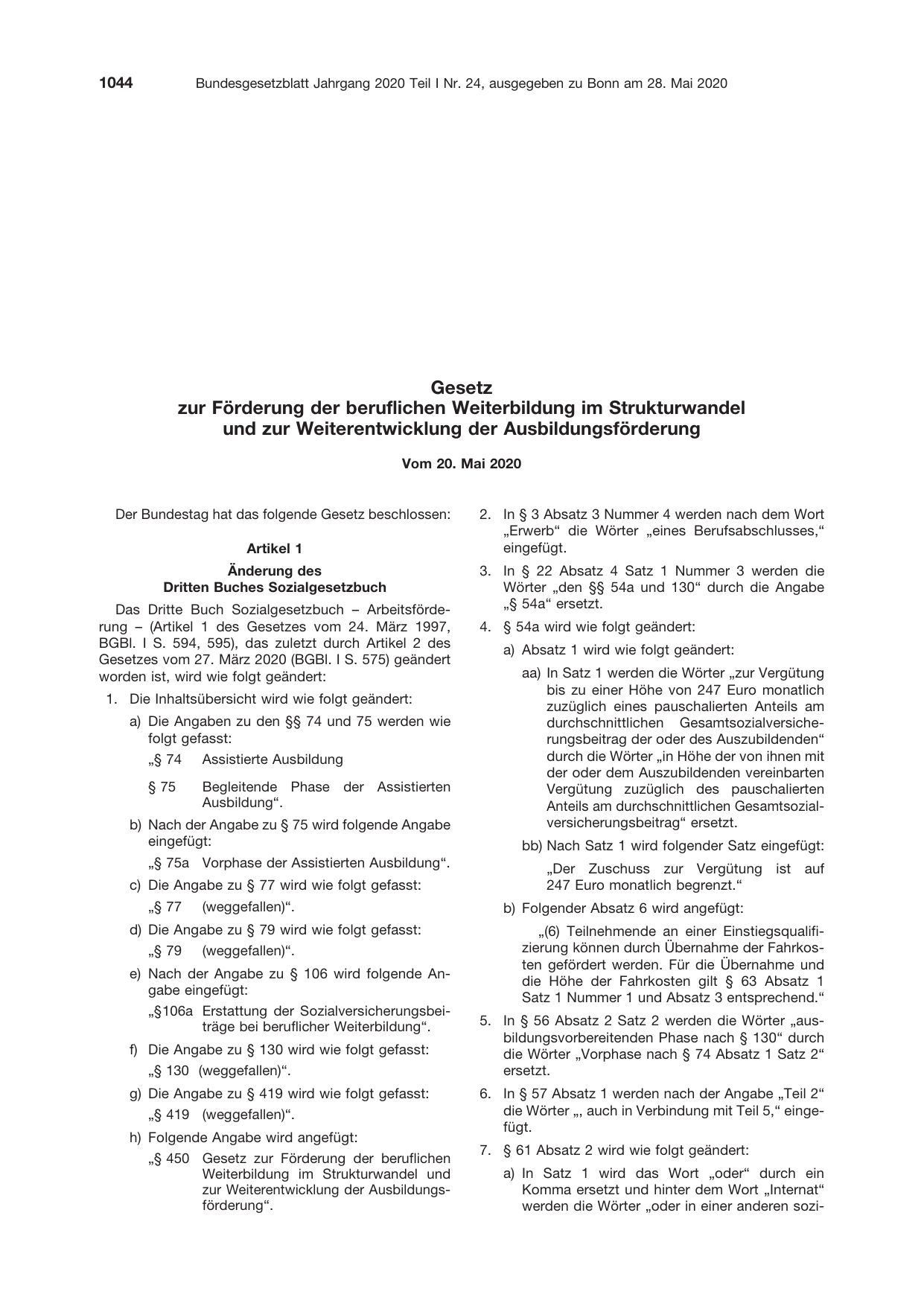 BGBl. 2020, Seite 1044 — Originalseite als Abbildung