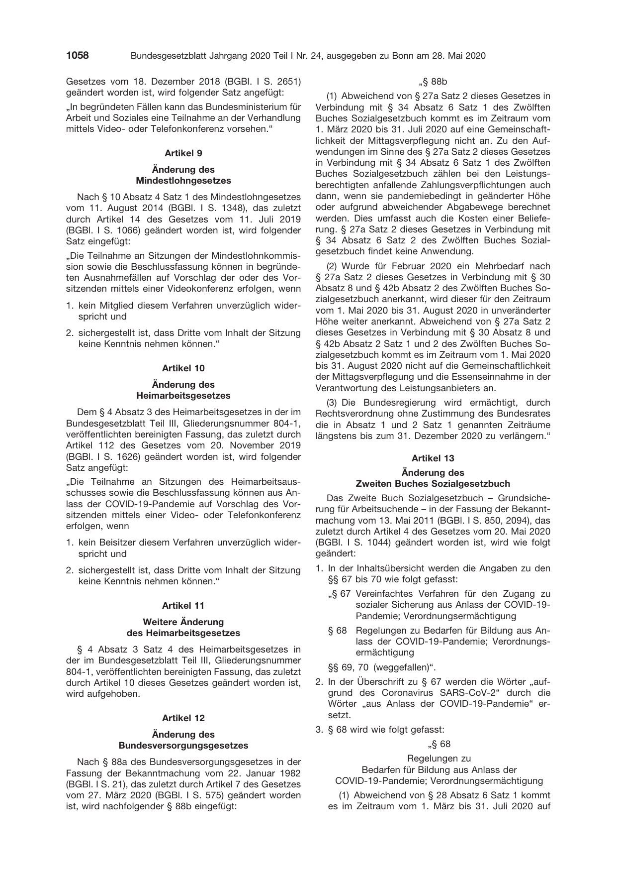 BGBl. 2020, Seite 1058 — Originalseite als Abbildung