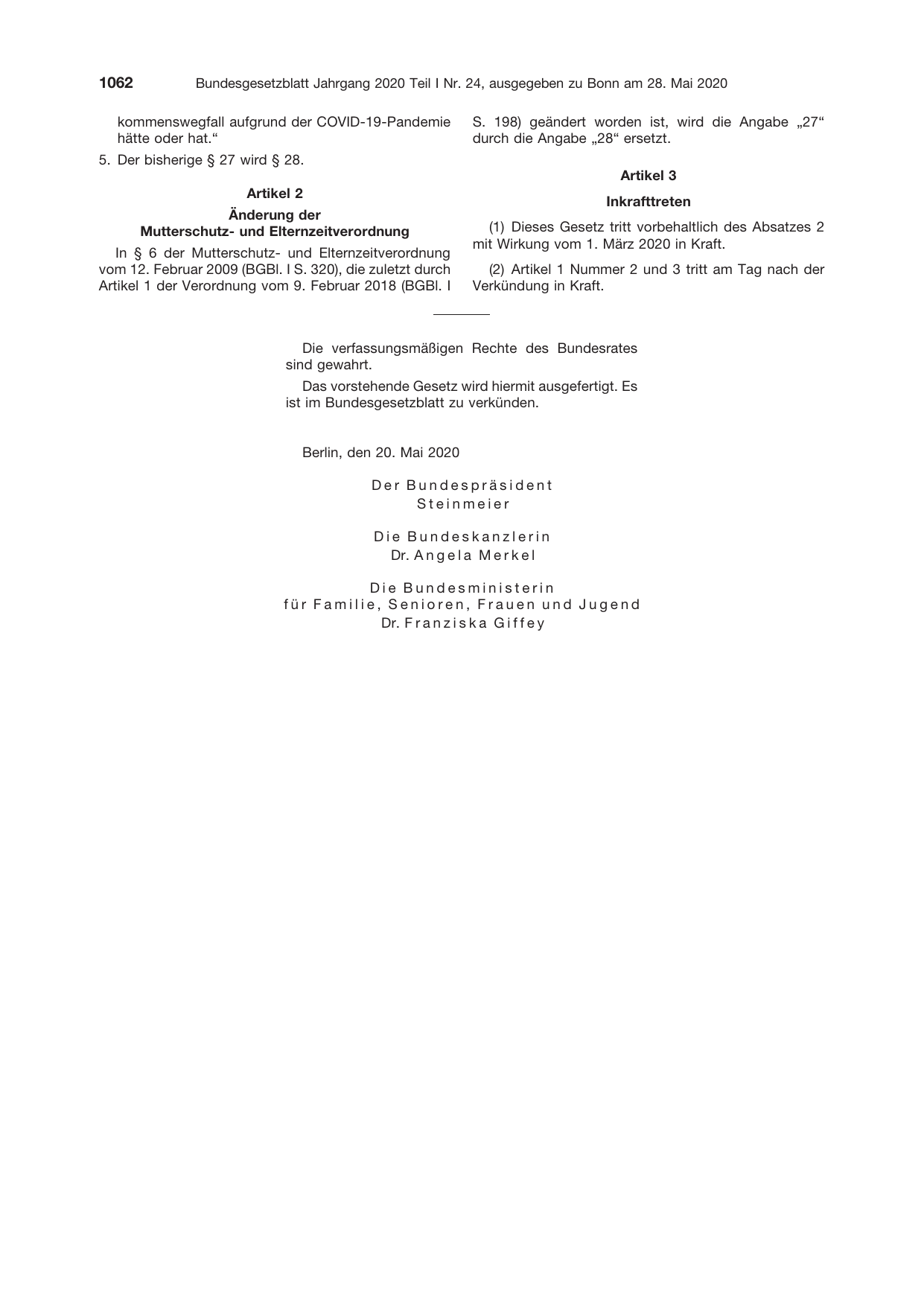 BGBl. 2020, Seite 1062 — Originalseite als Abbildung
