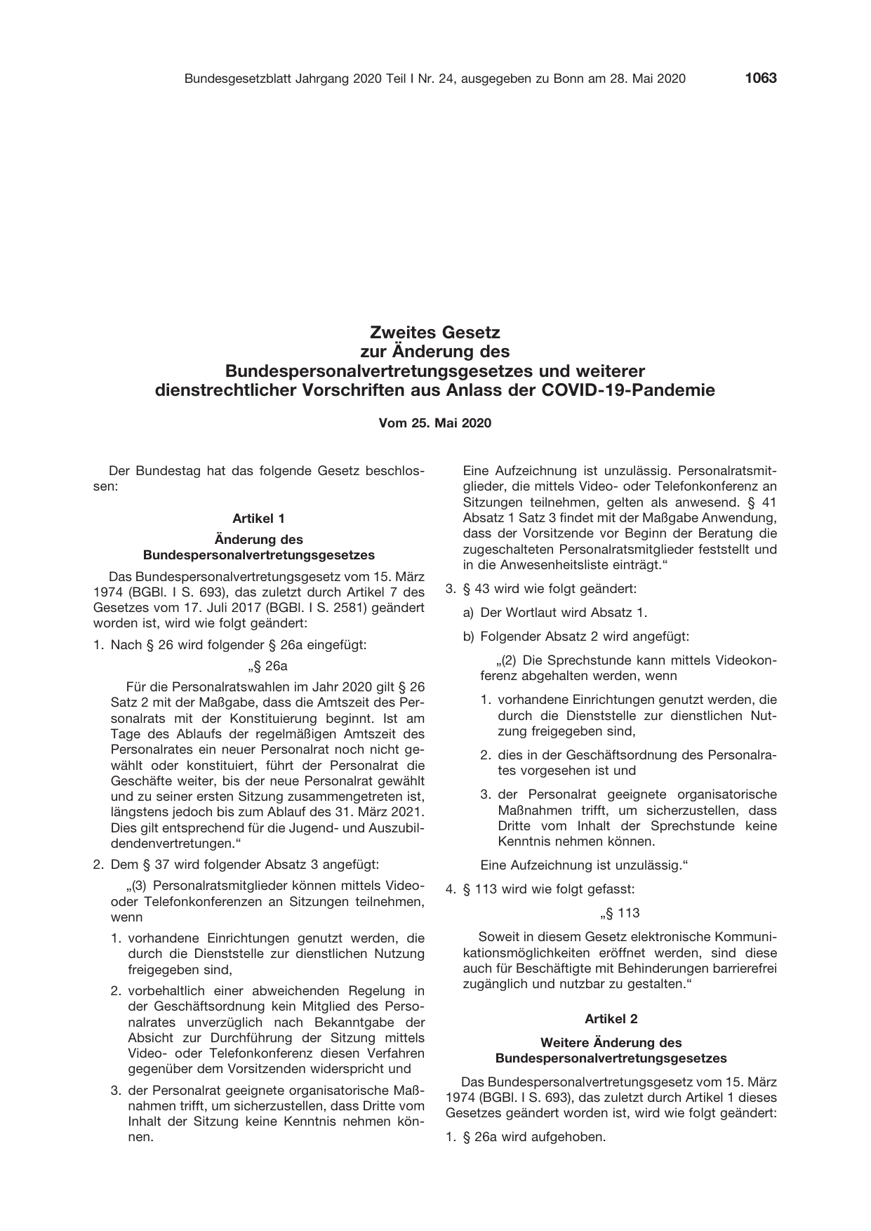 BGBl. 2020, Seite 1063 — Originalseite als Abbildung