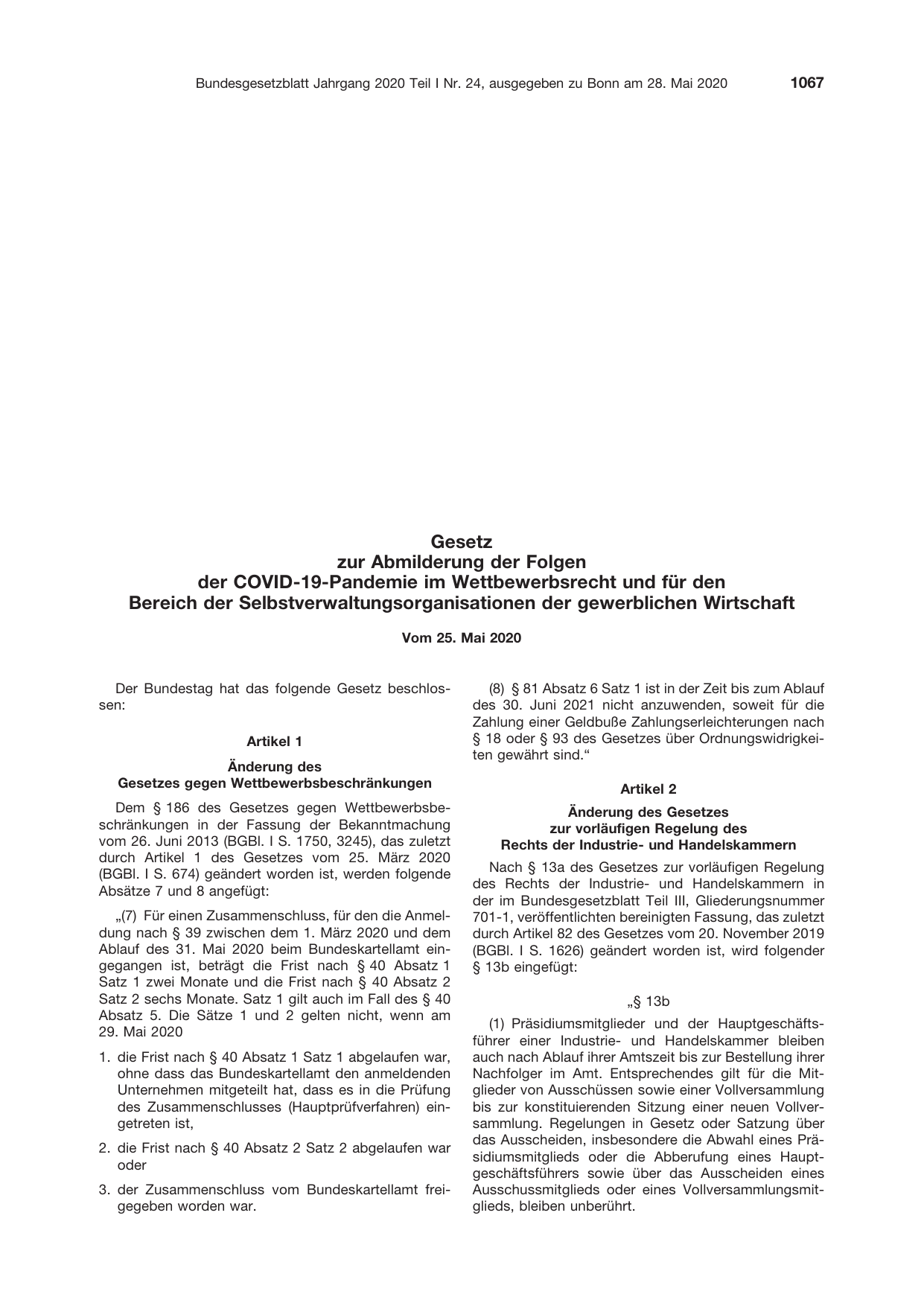 BGBl. 2020, Seite 1067 — Originalseite als Abbildung
