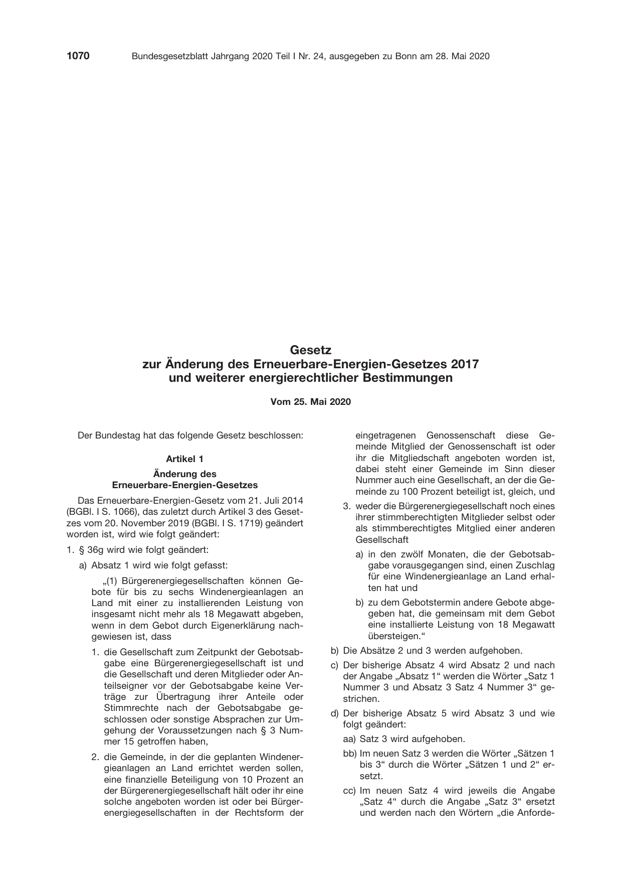 BGBl. 2020, Seite 1070 — Originalseite als Abbildung