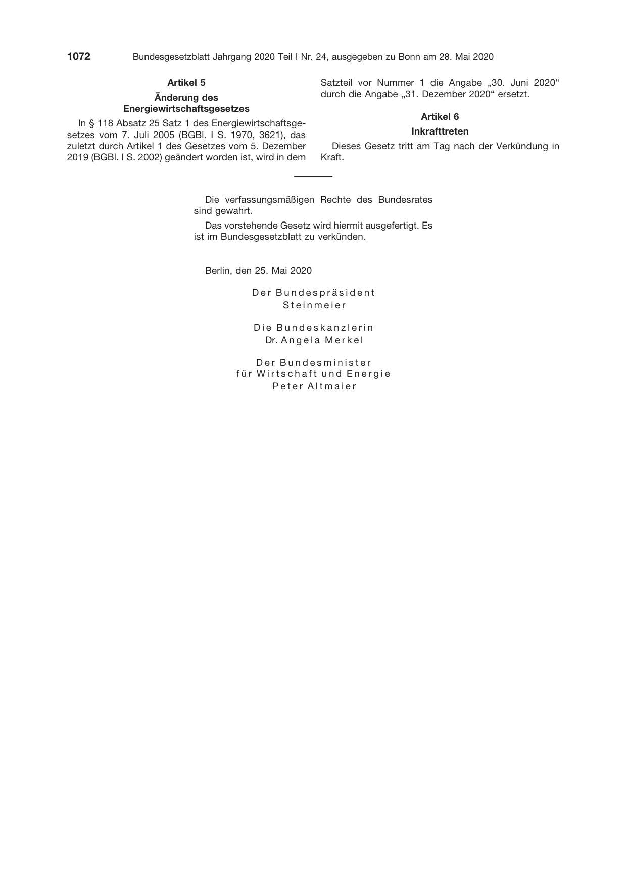 BGBl. 2020, Seite 1072 — Originalseite als Abbildung