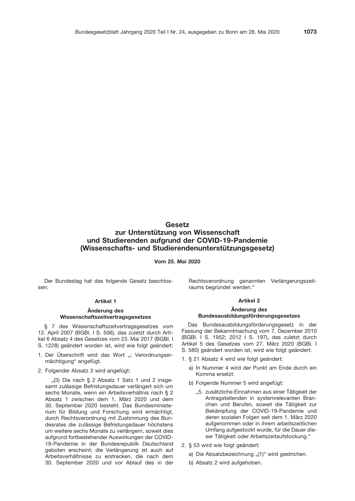 BGBl. 2020, Seite 1073 — Originalseite als Abbildung