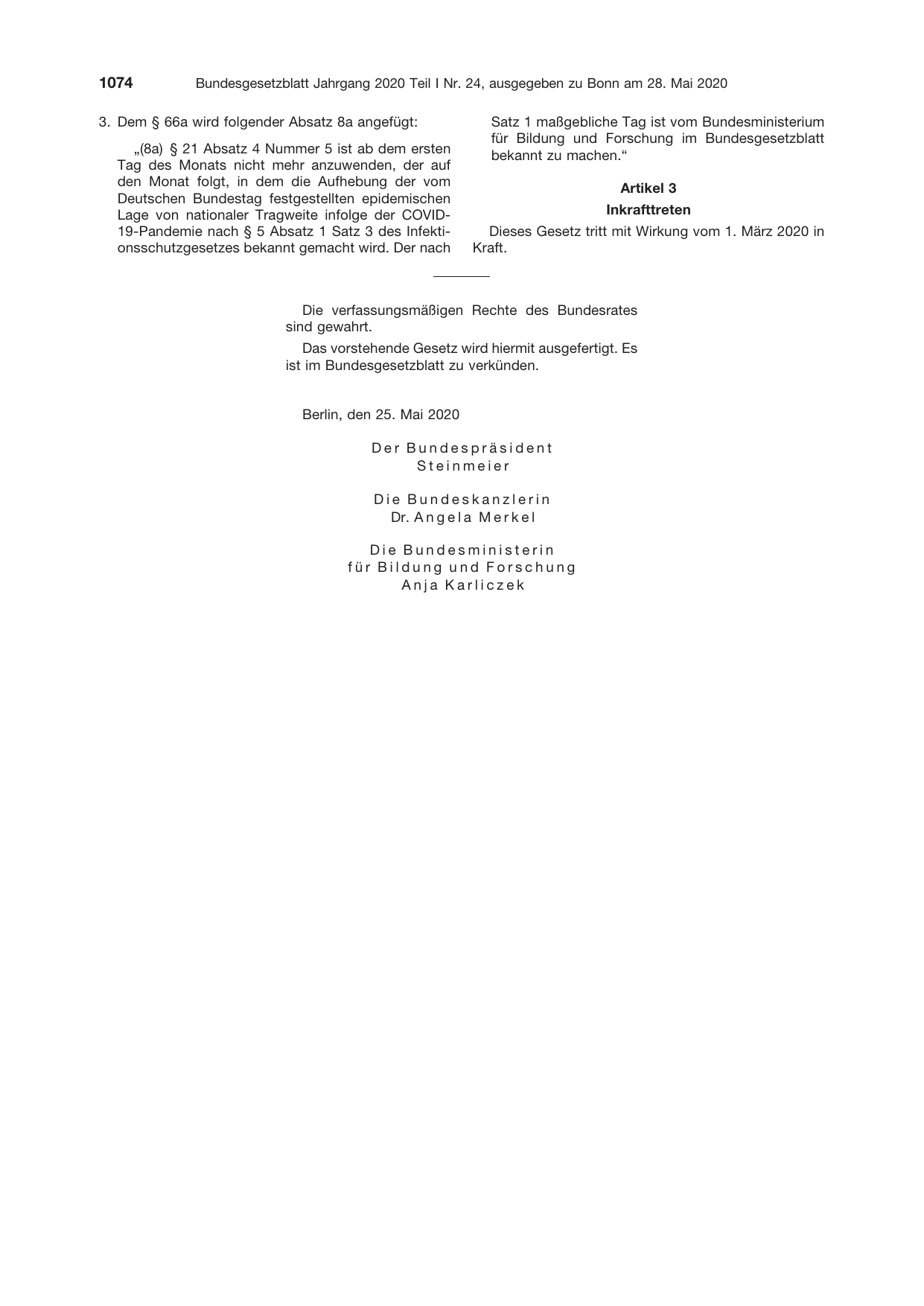 BGBl. 2020, Seite 1074 — Originalseite als Abbildung