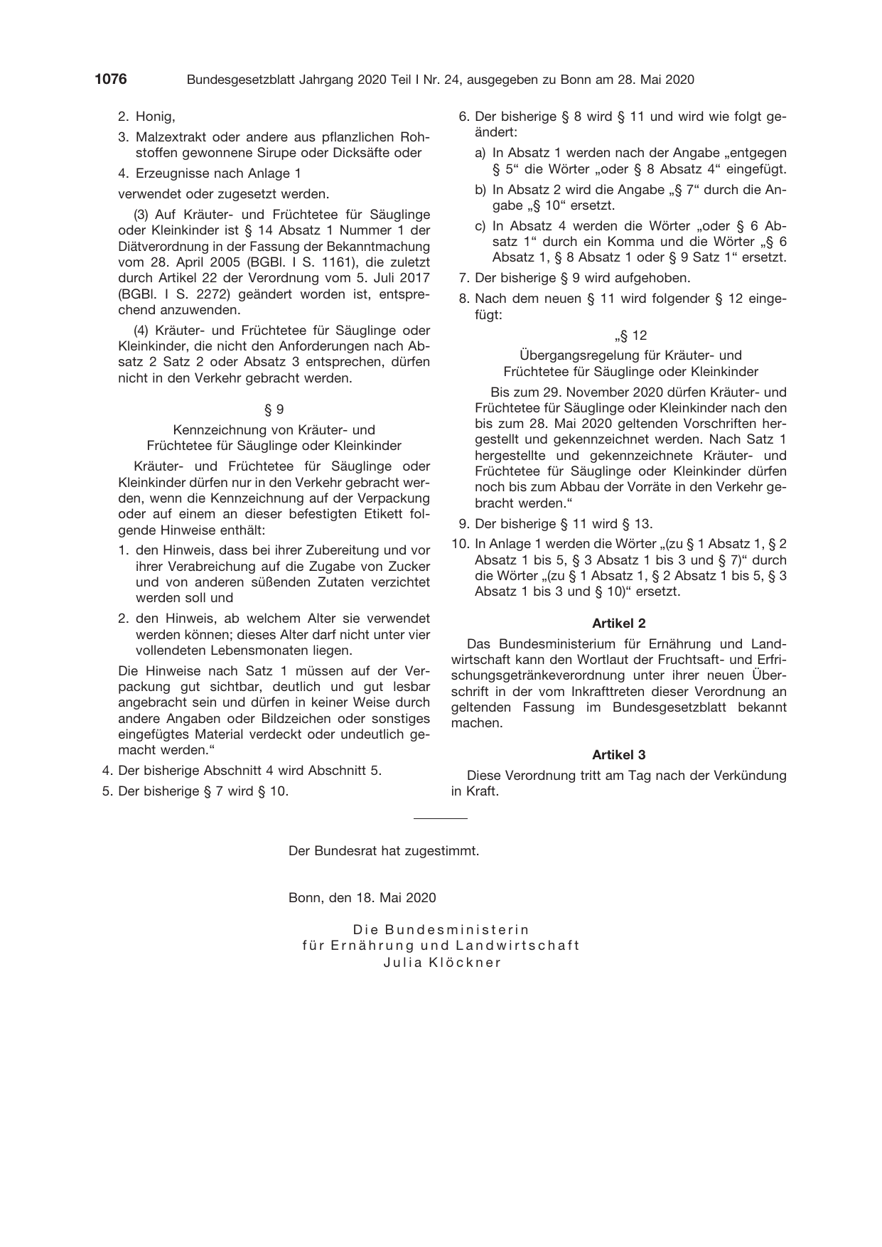 BGBl. 2020, Seite 1076 — Originalseite als Abbildung