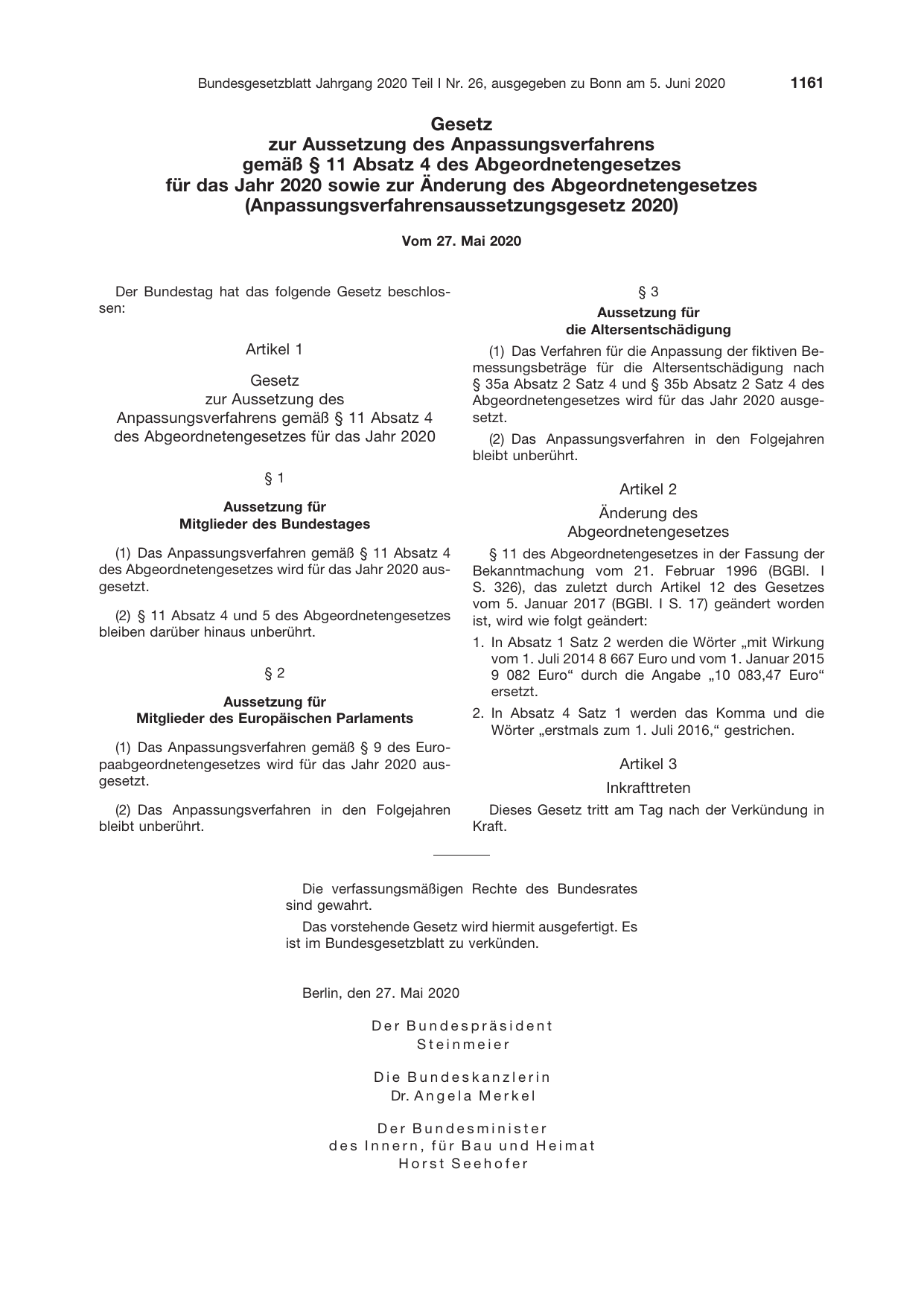 BGBl. 2020, Seite 1161 — Originalseite als Abbildung