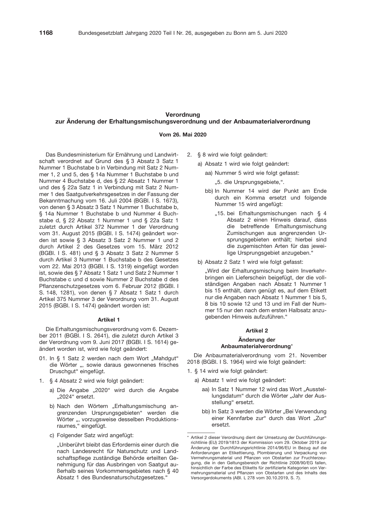 BGBl. 2020, Seite 1168 — Originalseite als Abbildung