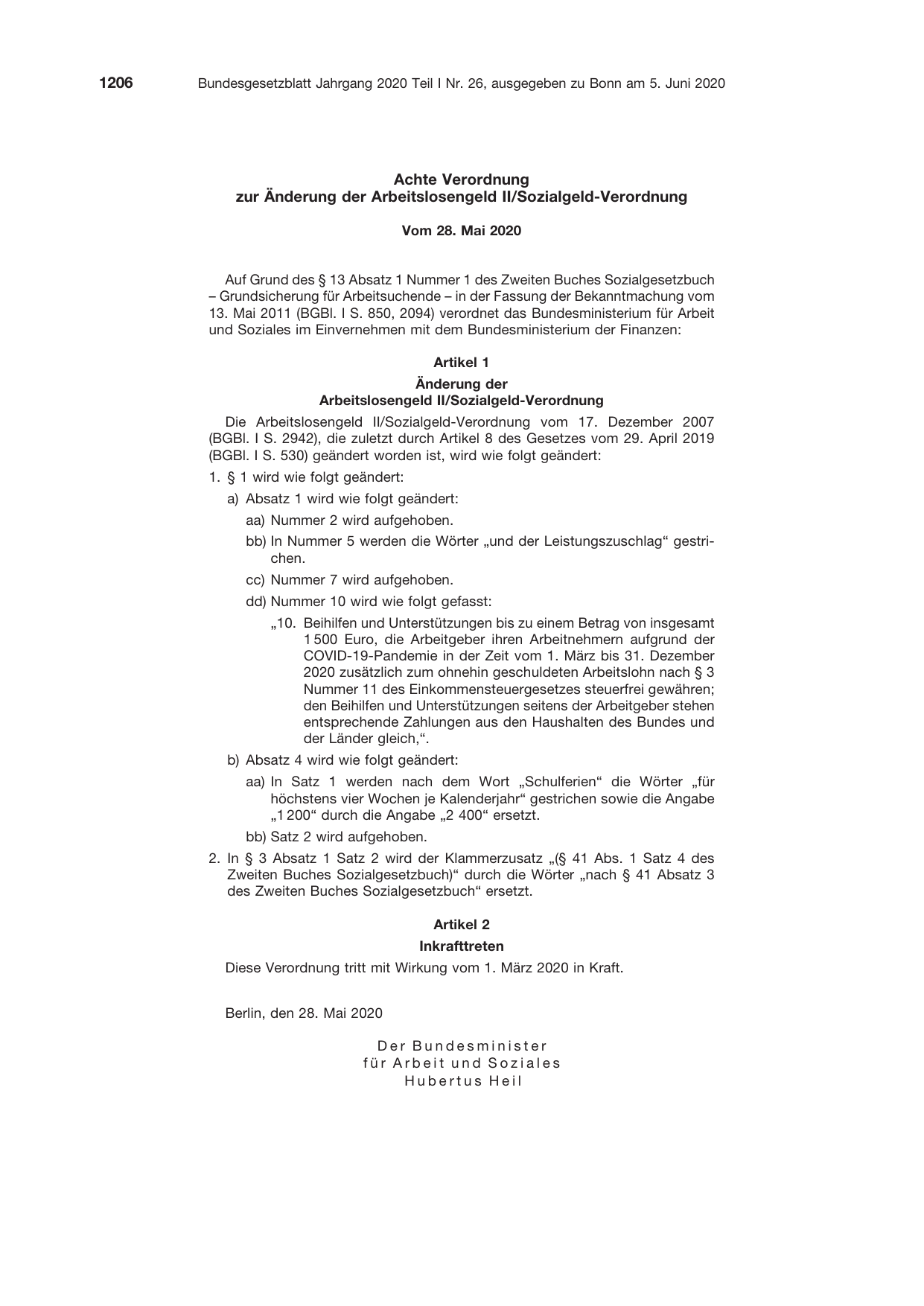 BGBl. 2020, Seite 1206 — Originalseite als Abbildung