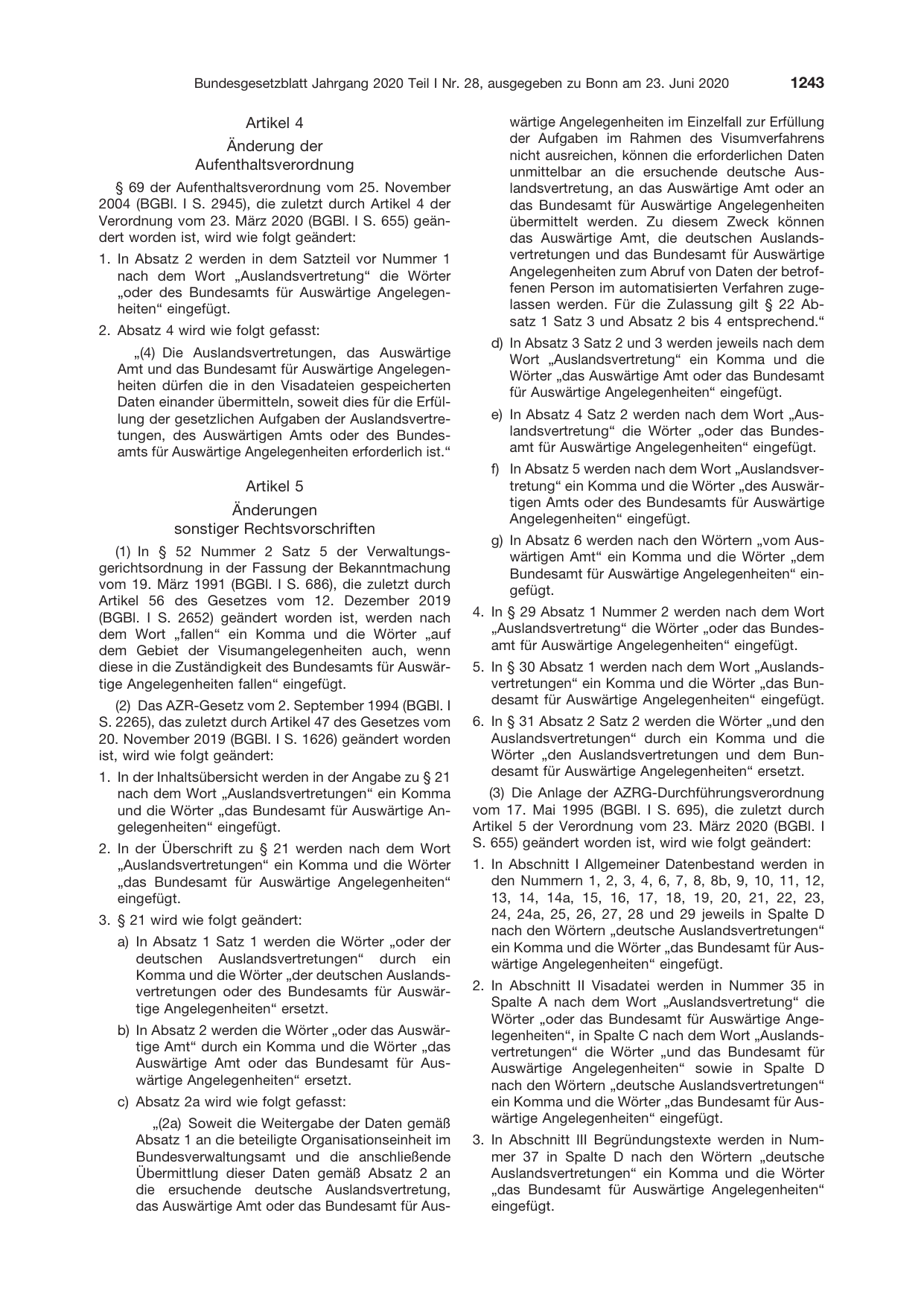 BGBl. 2020, Seite 1243 — Originalseite als Abbildung