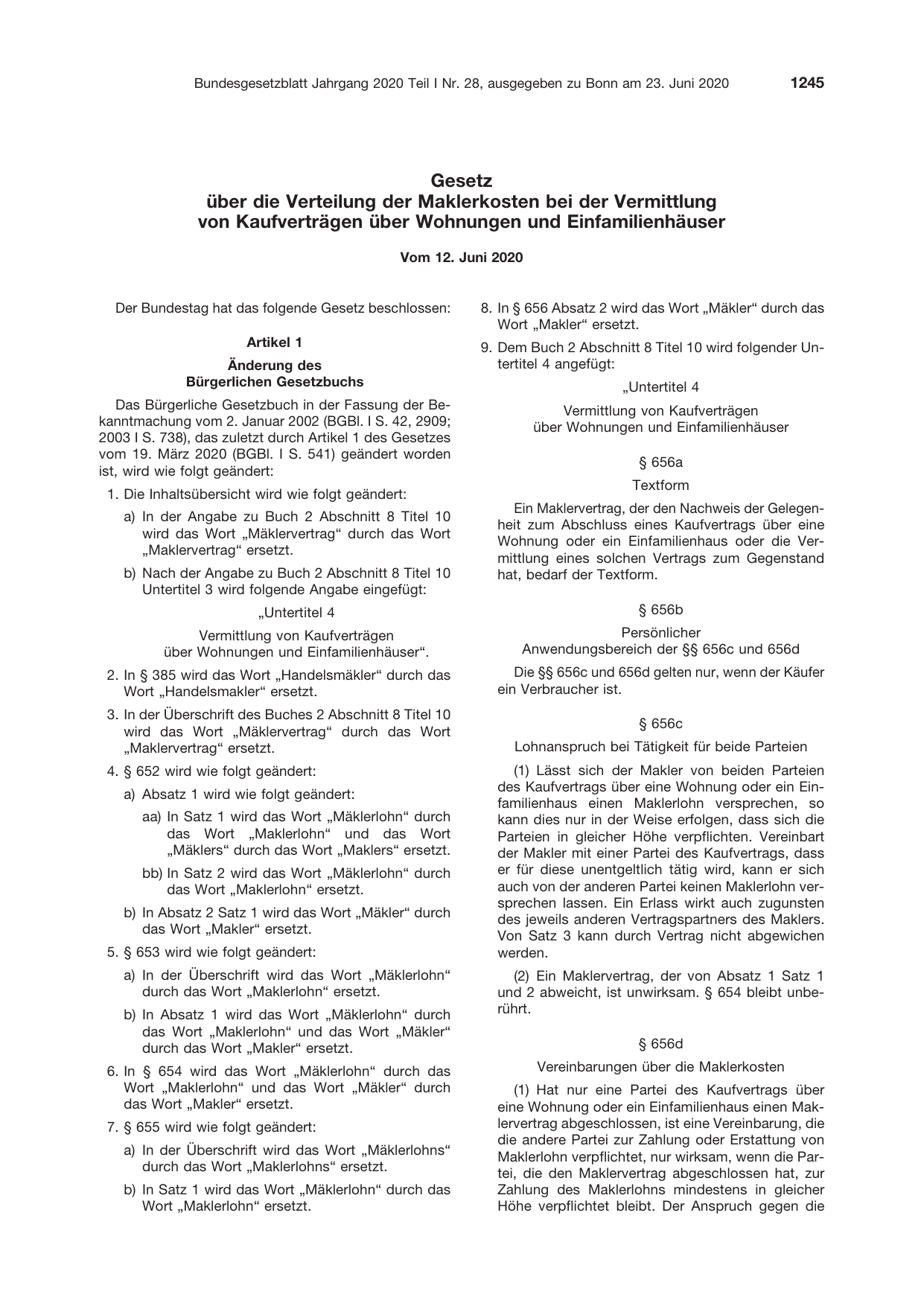 BGBl. 2020, Seite 1245 — Originalseite als Abbildung