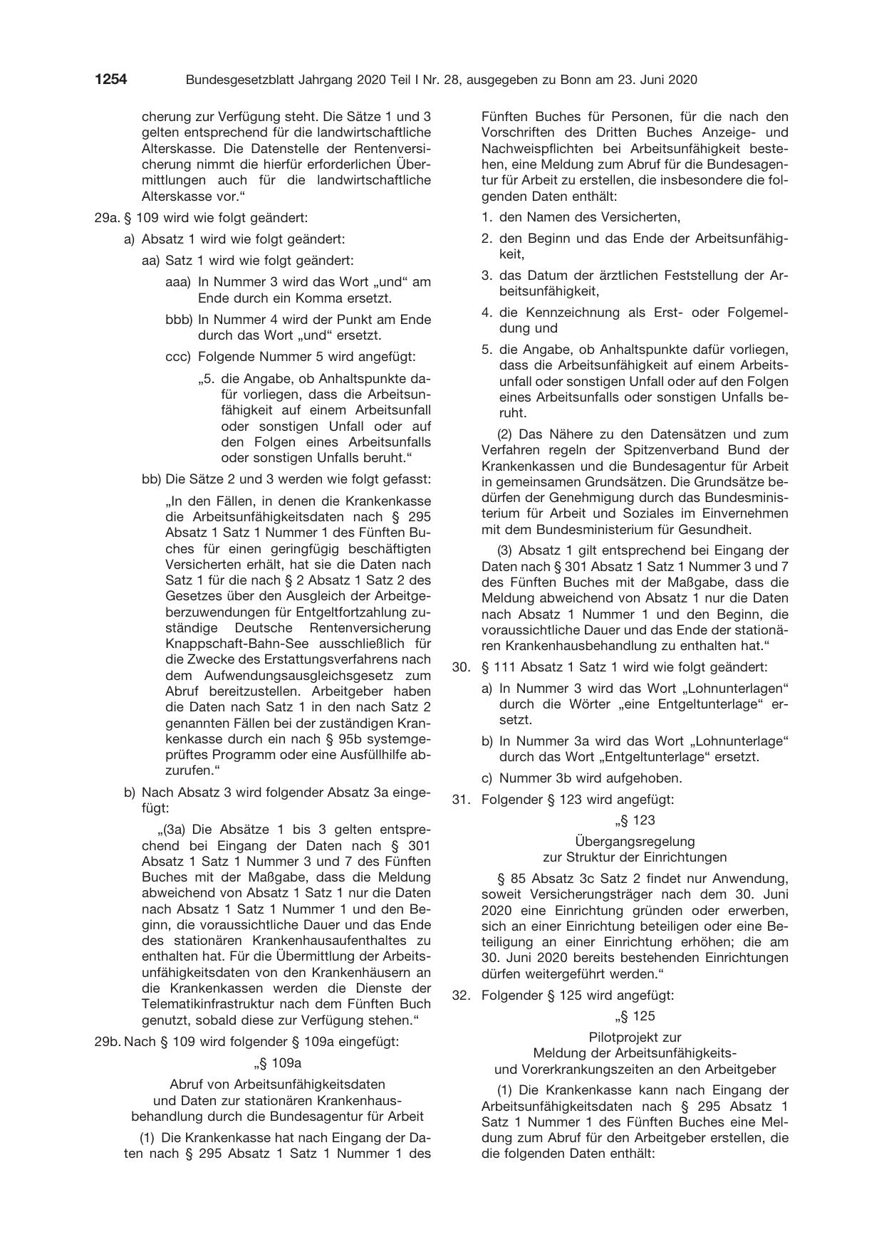 BGBl. 2020, Seite 1254 — Originalseite als Abbildung