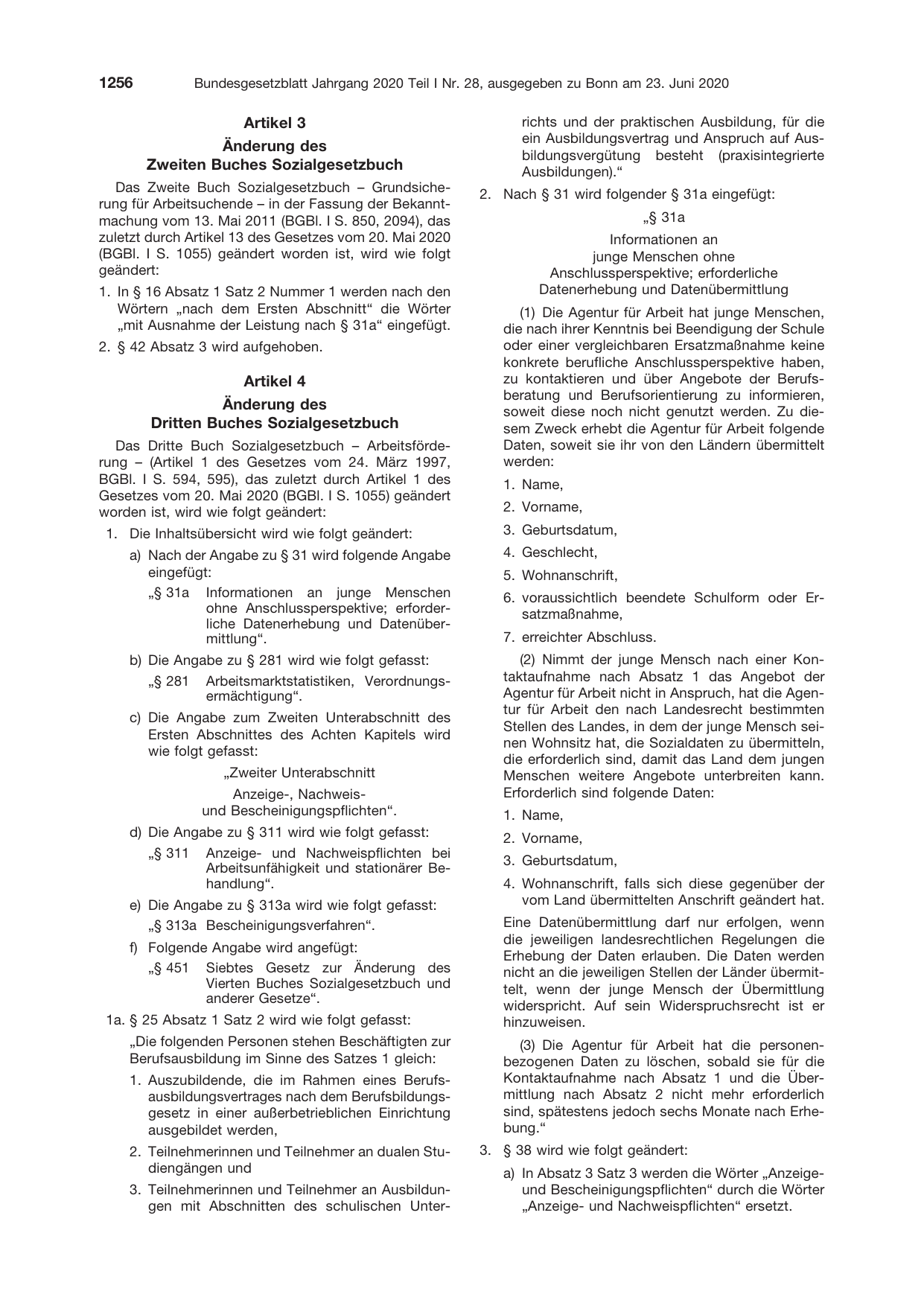 BGBl. 2020, Seite 1256 — Originalseite als Abbildung