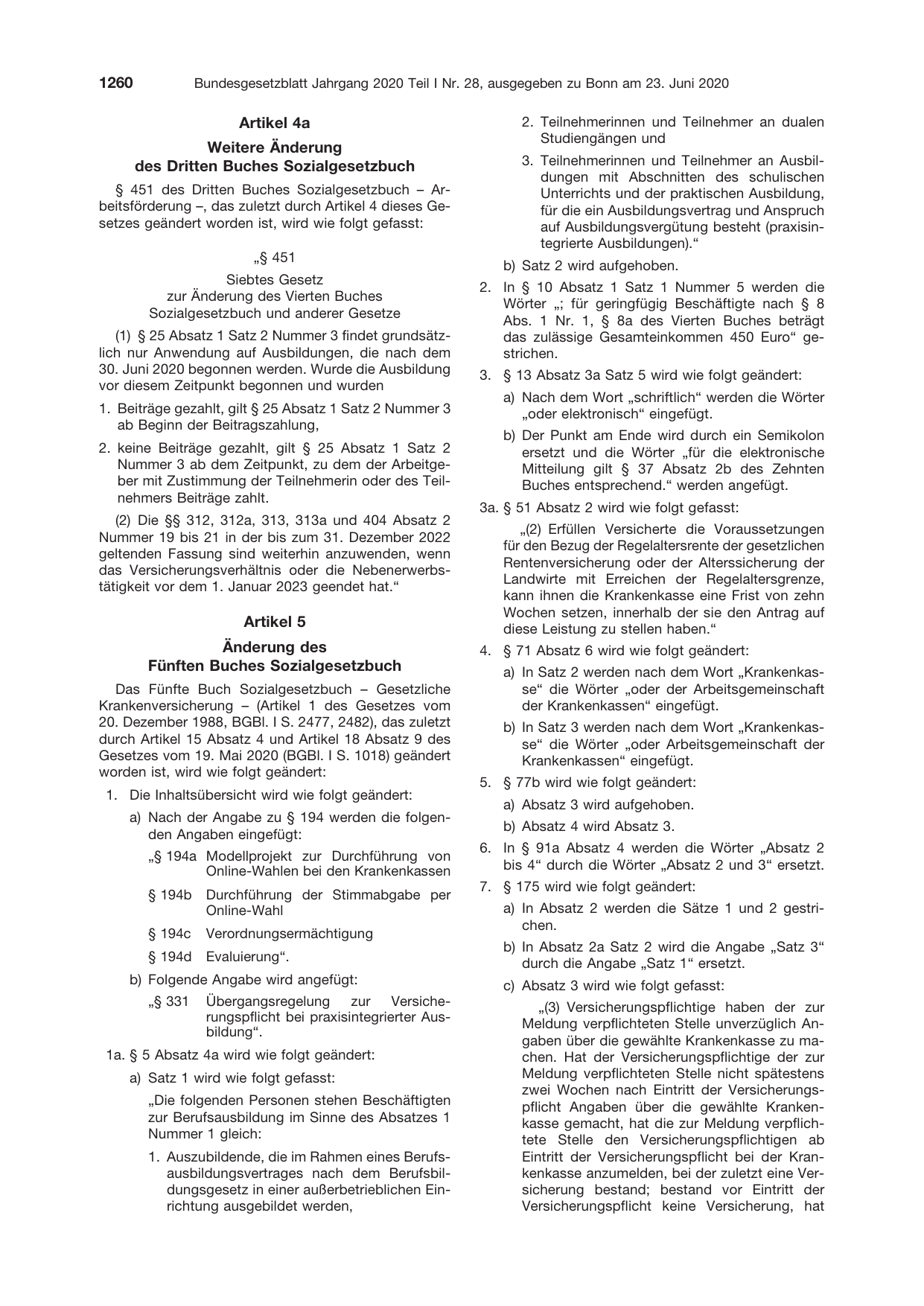 BGBl. 2020, Seite 1260 — Originalseite als Abbildung