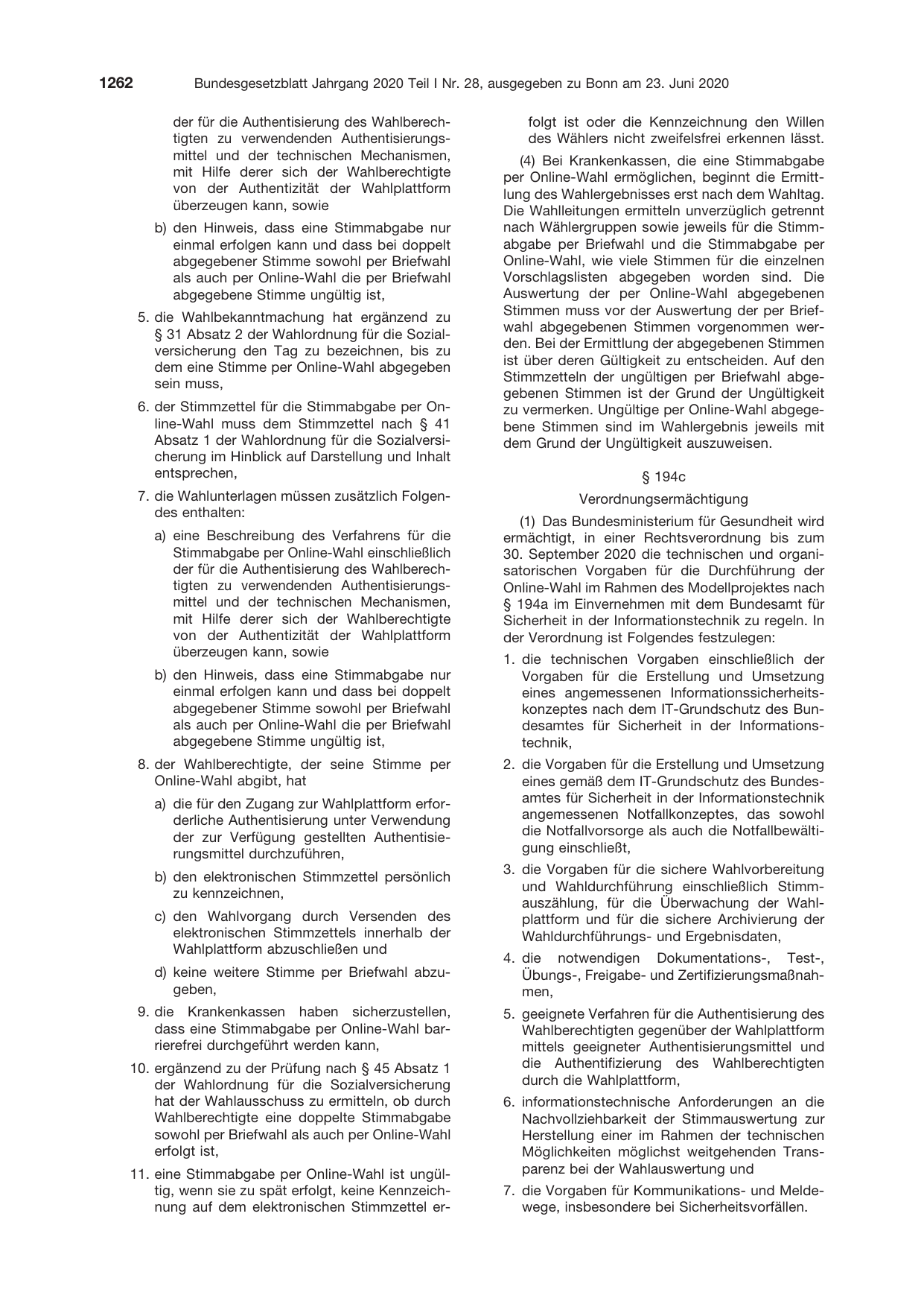 BGBl. 2020, Seite 1262 — Originalseite als Abbildung