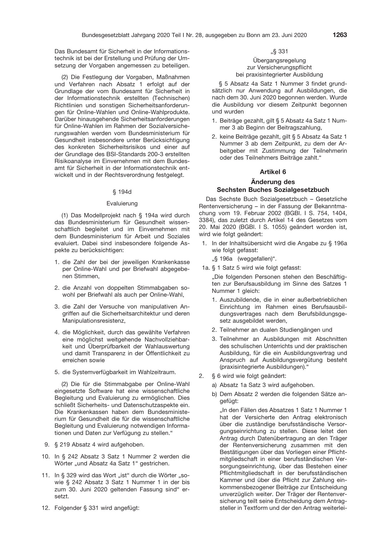 BGBl. 2020, Seite 1263 — Originalseite als Abbildung
