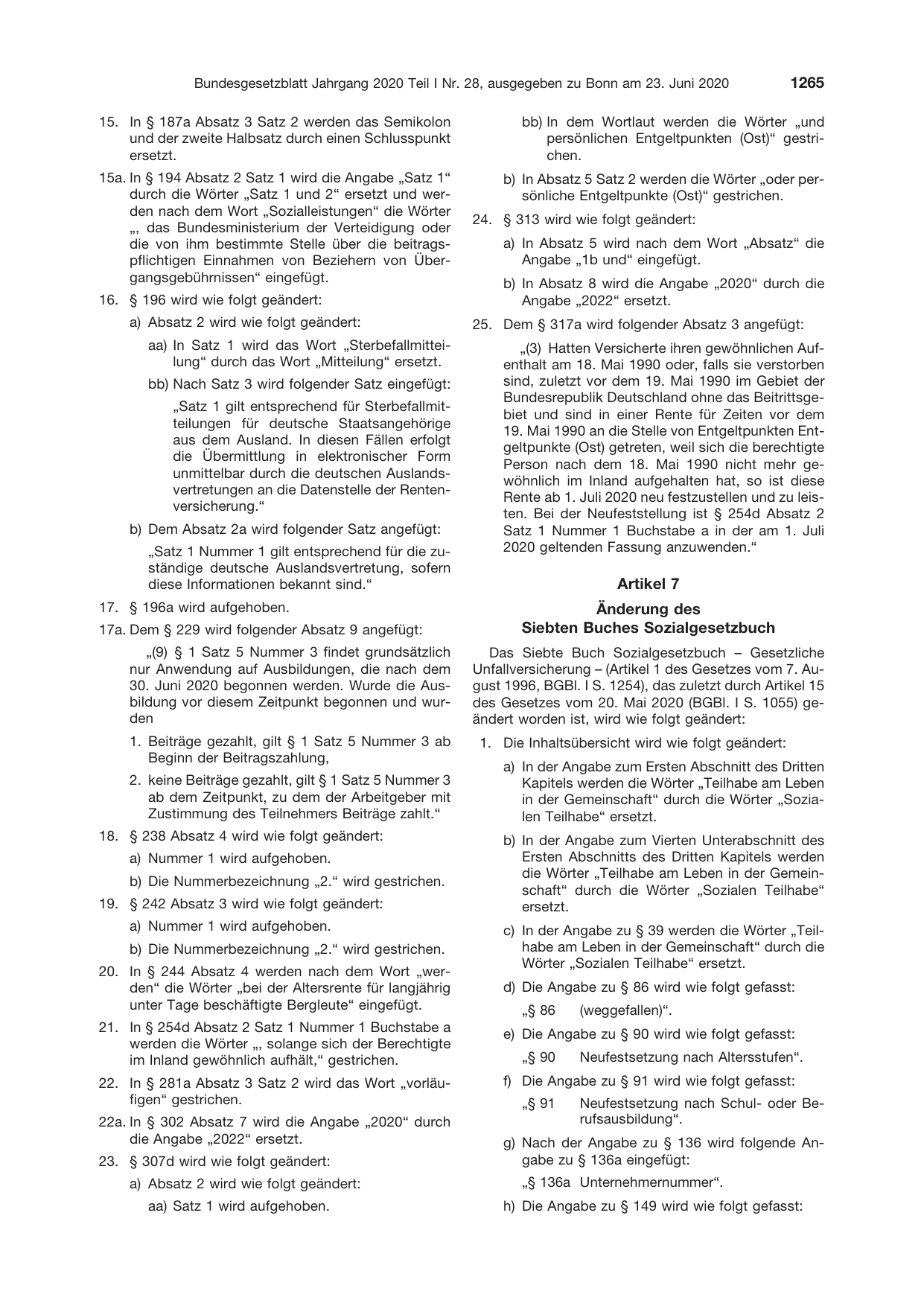 BGBl. 2020, Seite 1265 — Originalseite als Abbildung