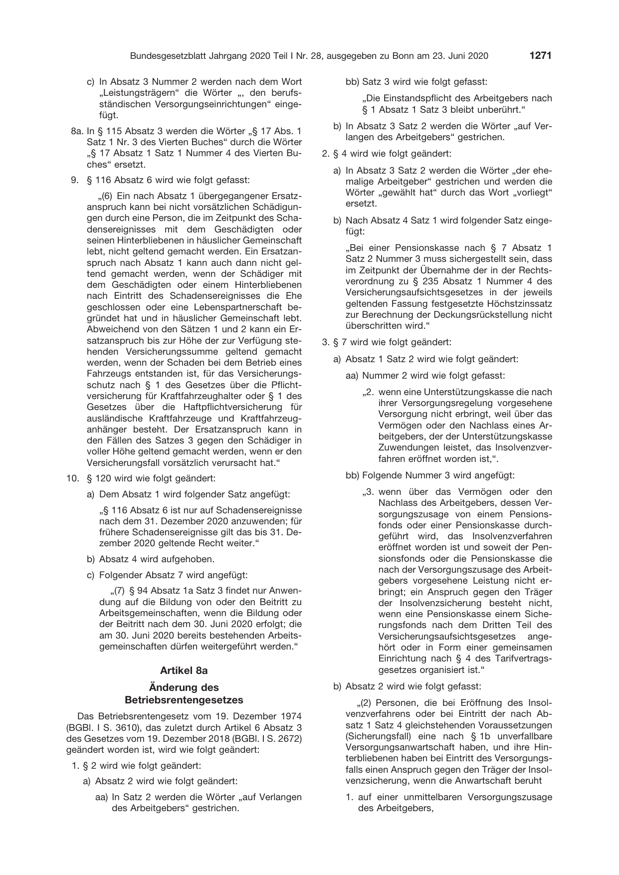 BGBl. 2020, Seite 1271 — Originalseite als Abbildung