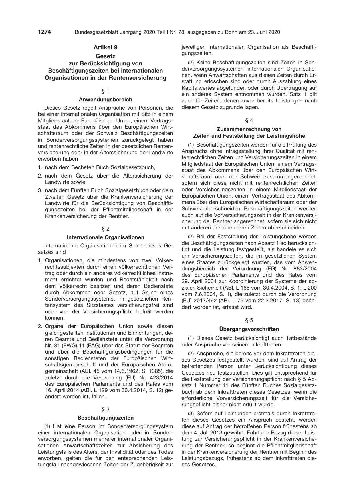 BGBl. 2020, Seite 1274 — Originalseite als Abbildung