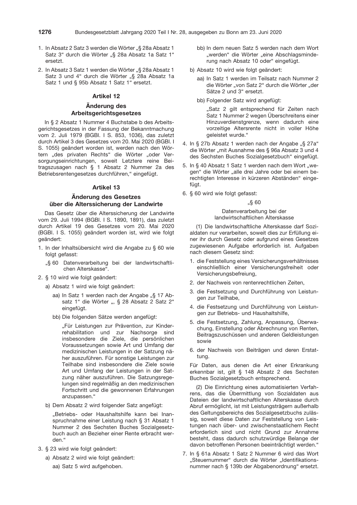 BGBl. 2020, Seite 1276 — Originalseite als Abbildung