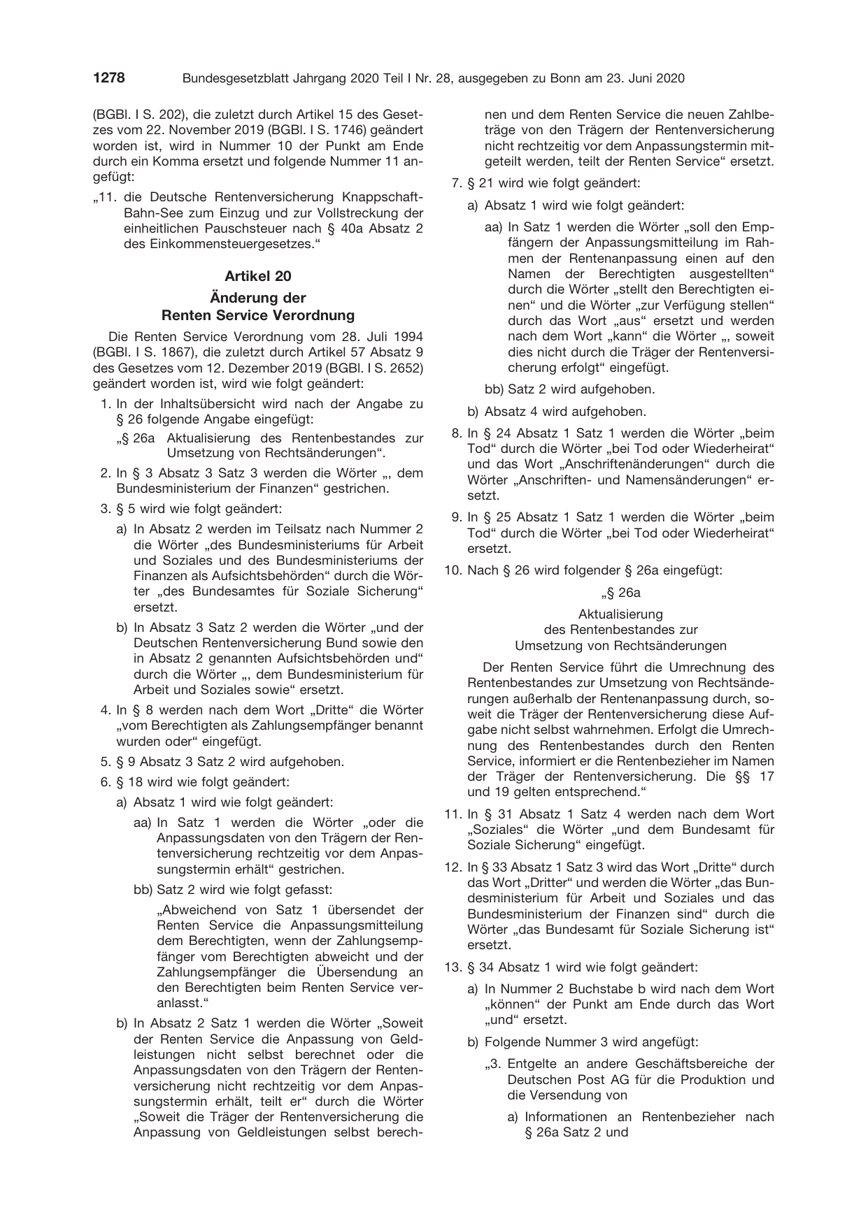 BGBl. 2020, Seite 1278 — Originalseite als Abbildung