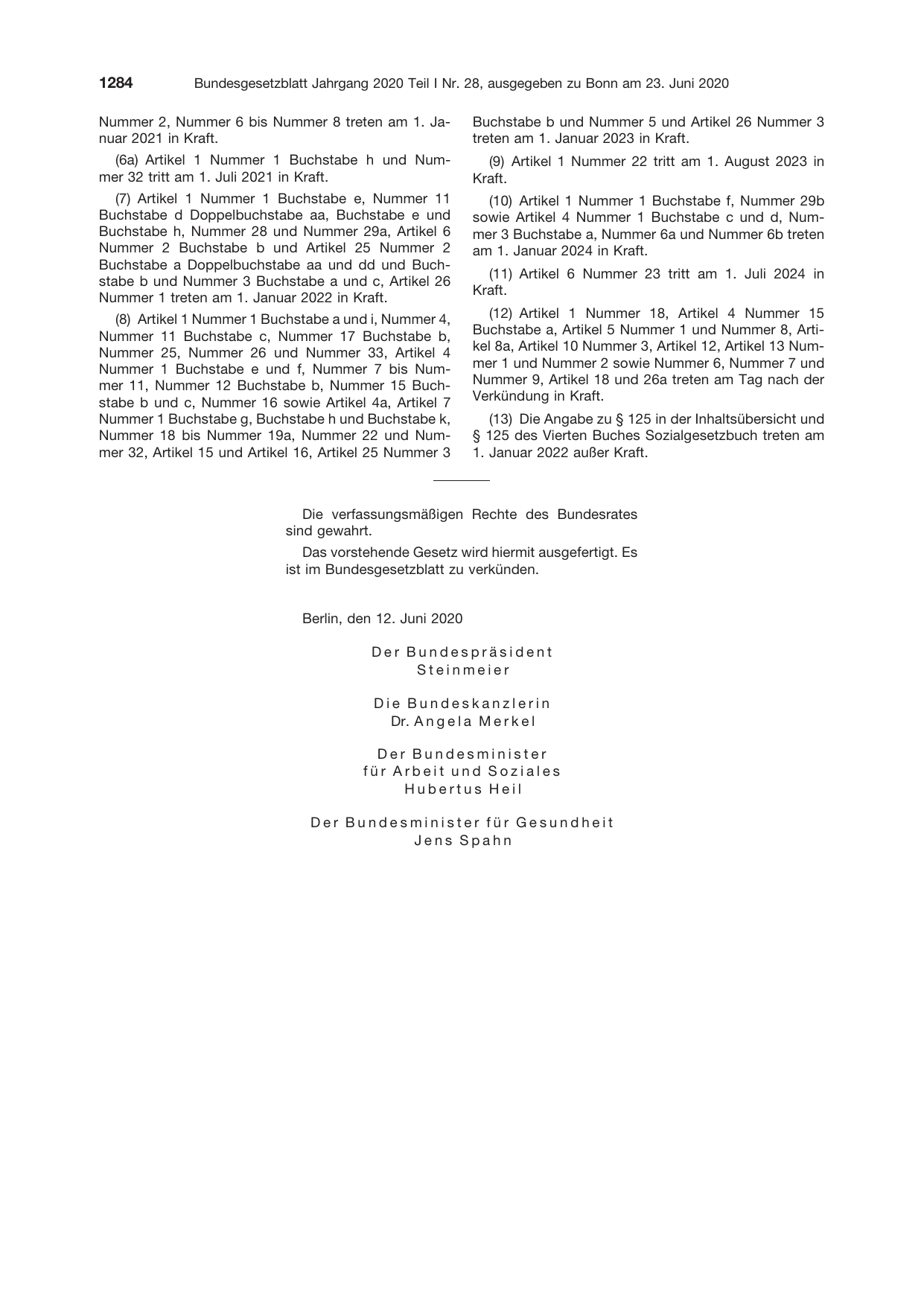 BGBl. 2020, Seite 1284 — Originalseite als Abbildung