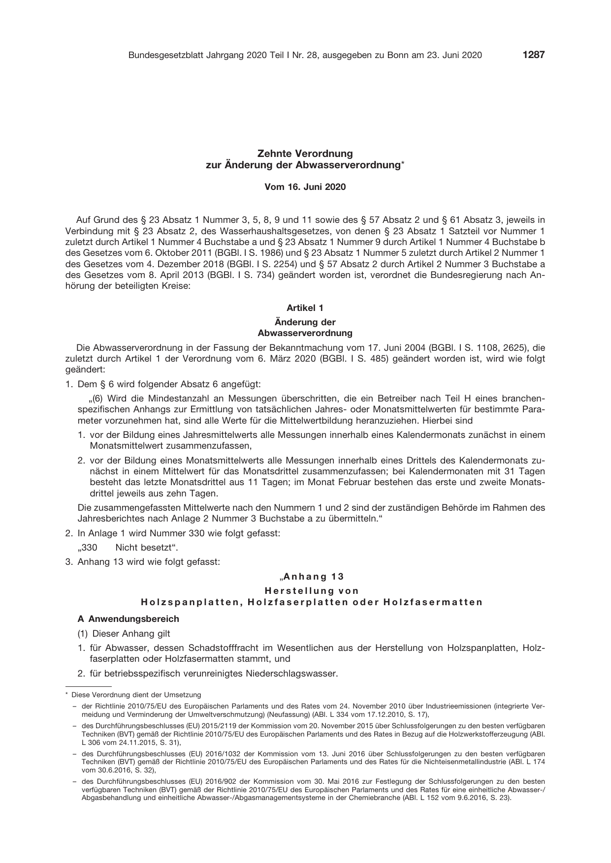 BGBl. 2020, Seite 1287 — Originalseite als Abbildung