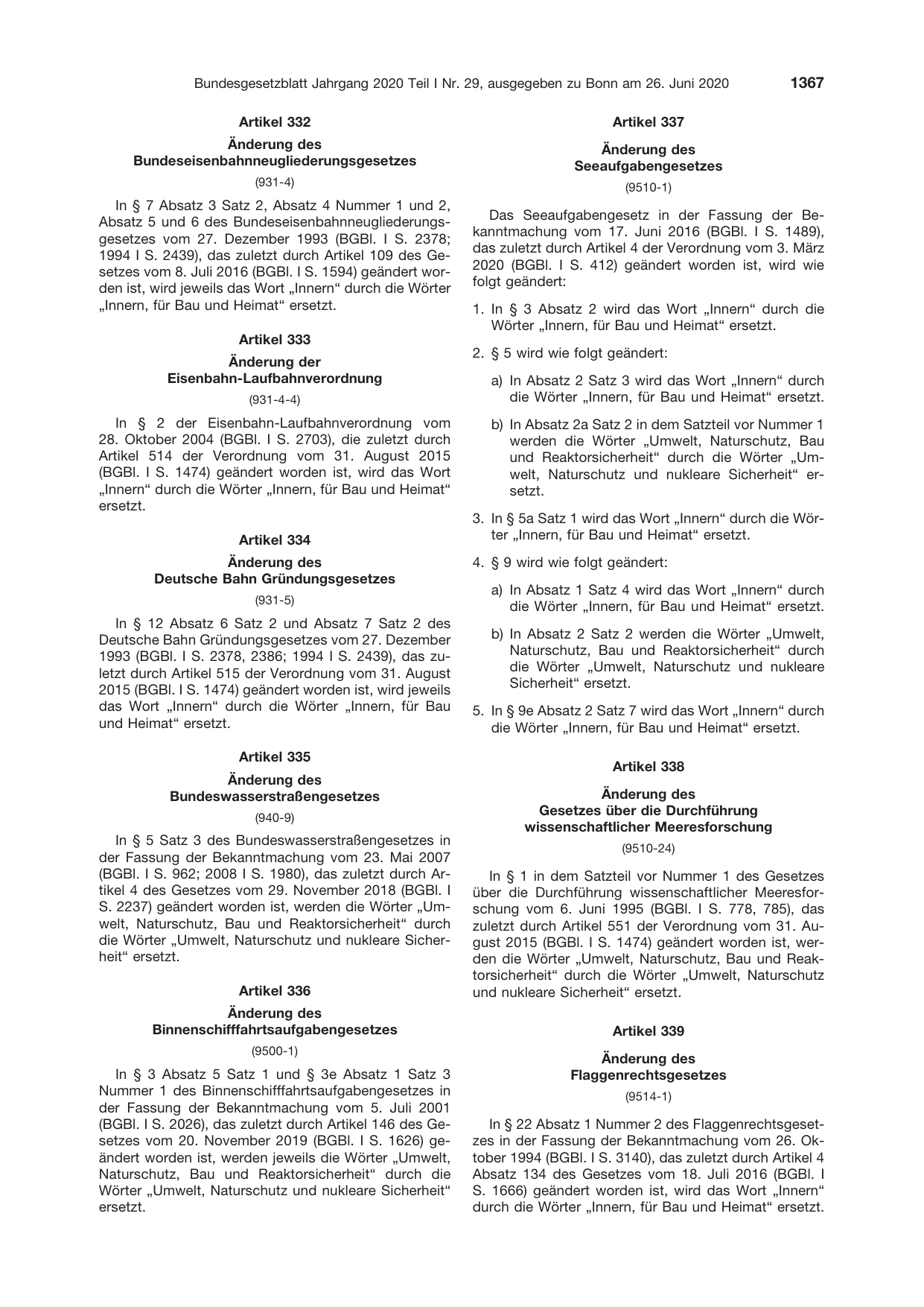 BGBl. 2020, Seite 1367 — Originalseite als Abbildung