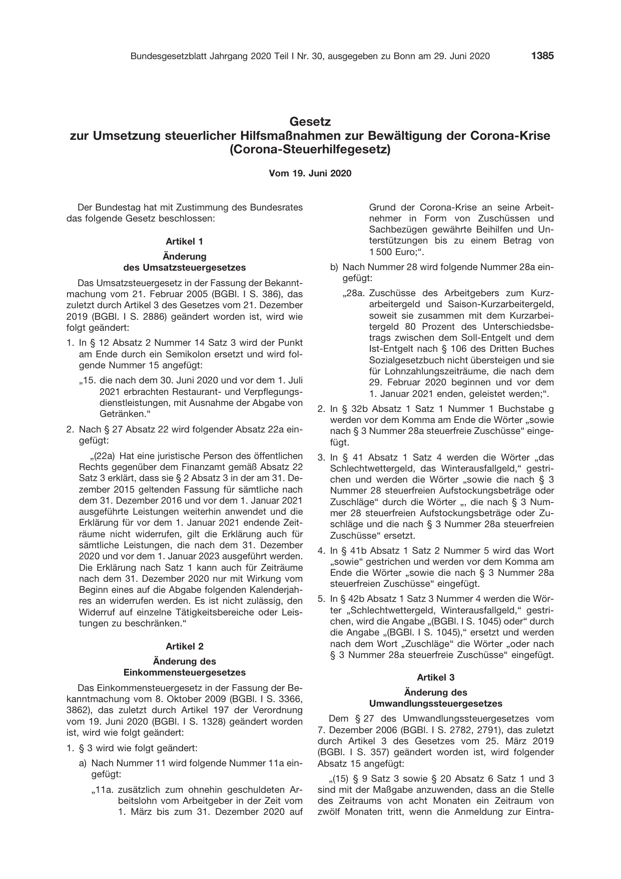 BGBl. 2020, Seite 1385 — Originalseite als Abbildung