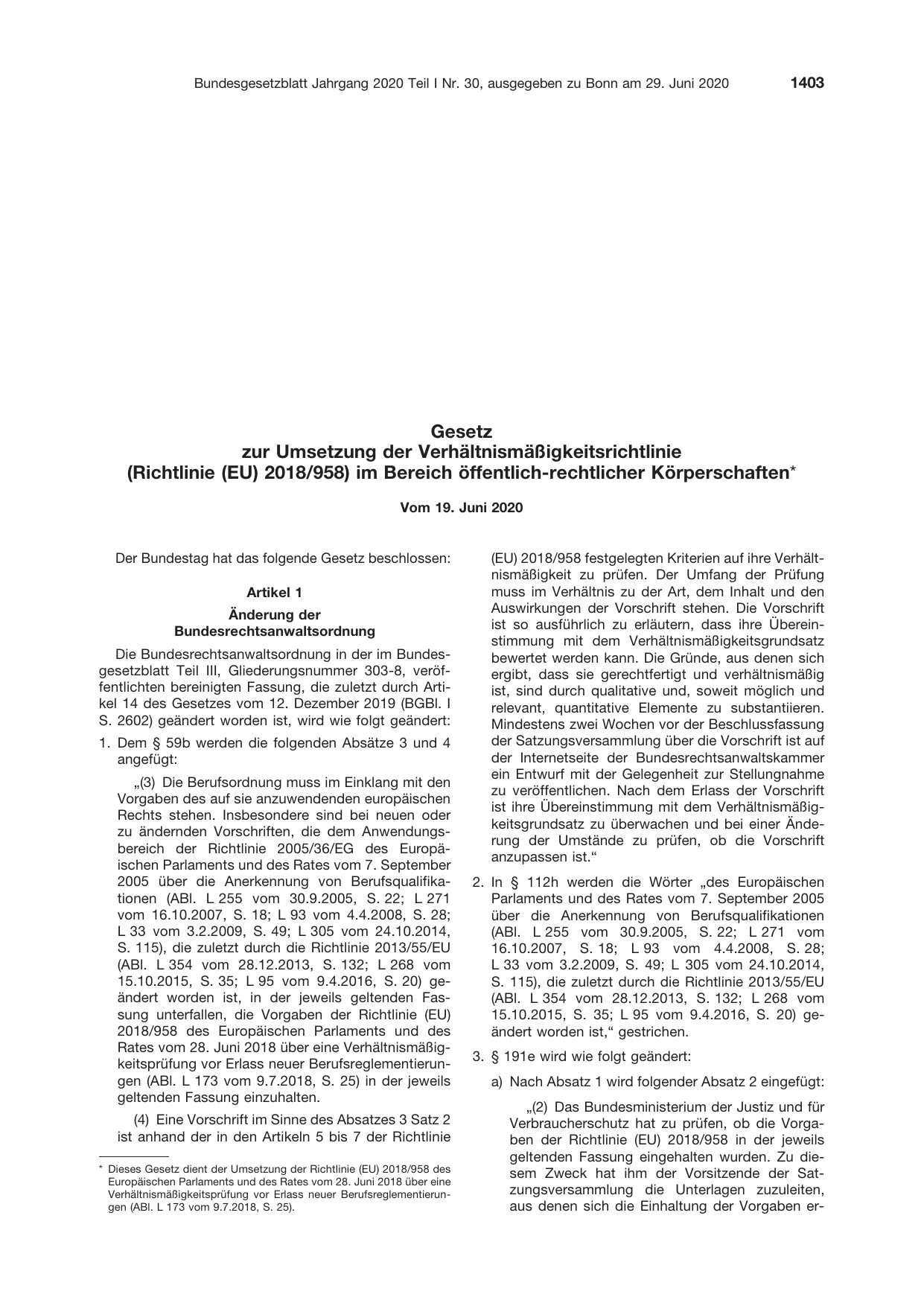 BGBl. 2020, Seite 1403 — Originalseite als Abbildung