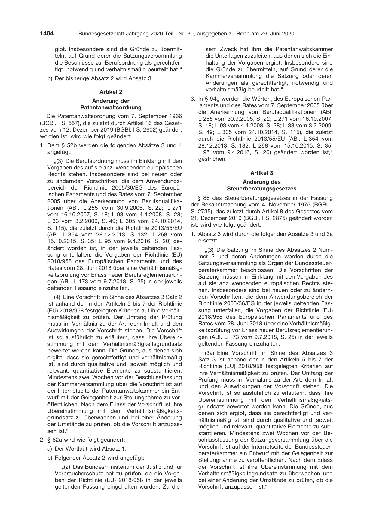 BGBl. 2020, Seite 1404 — Originalseite als Abbildung