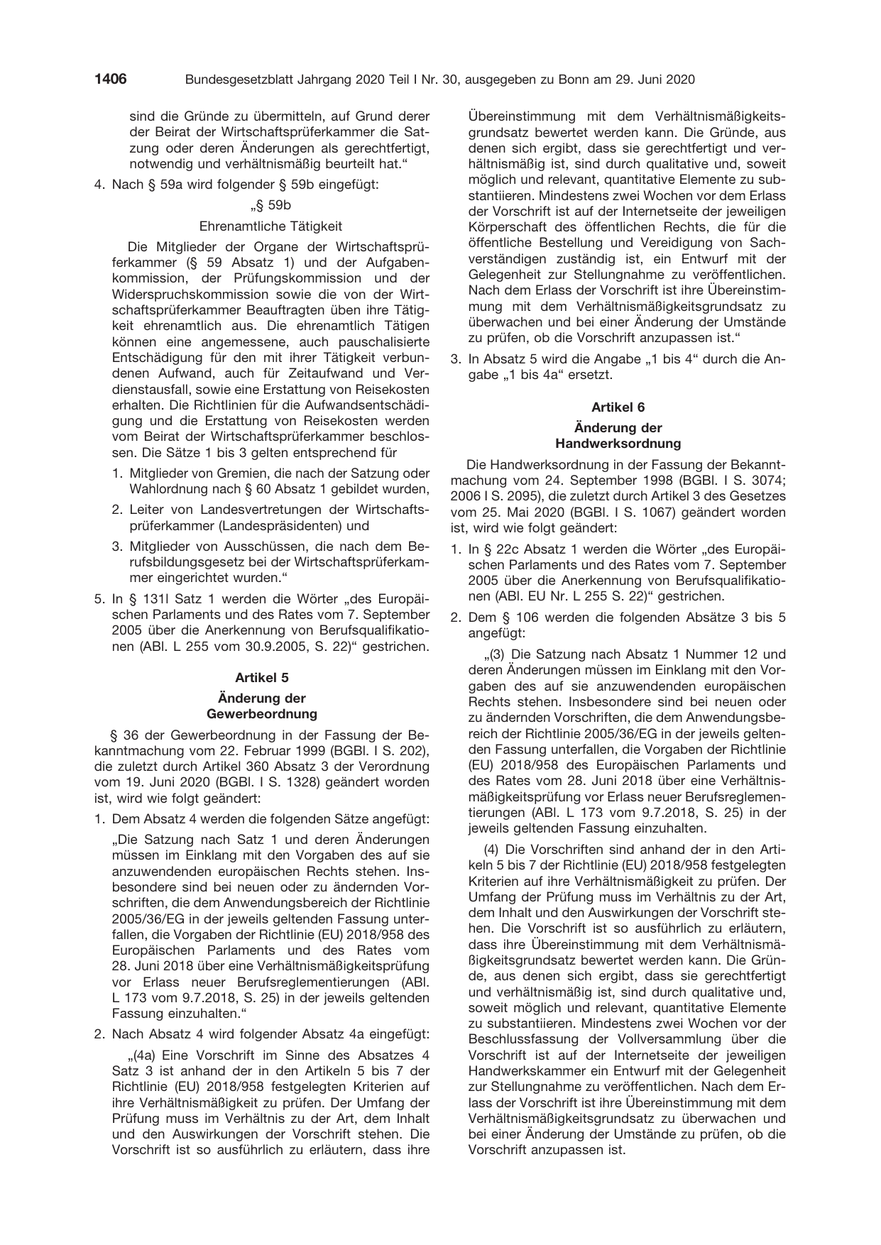 BGBl. 2020, Seite 1406 — Originalseite als Abbildung