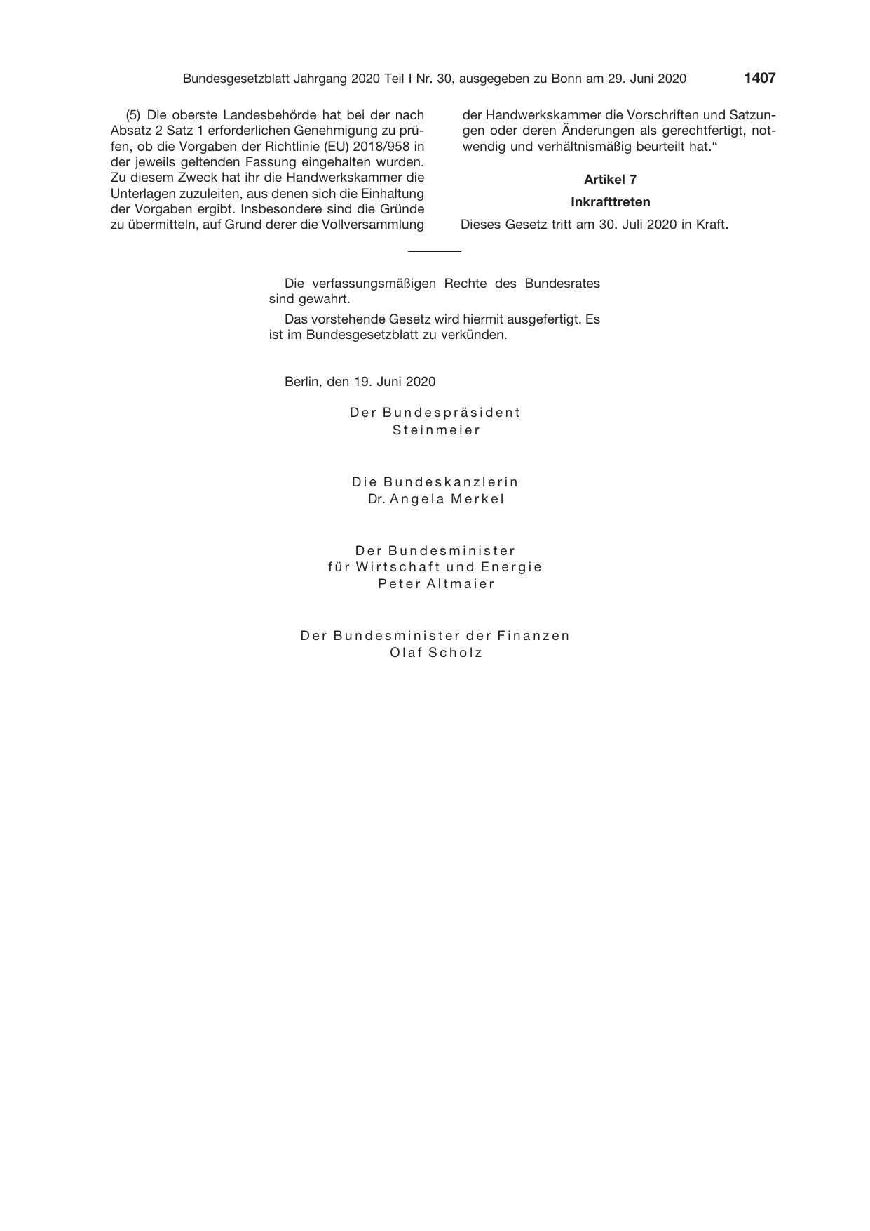 BGBl. 2020, Seite 1407 — Originalseite als Abbildung