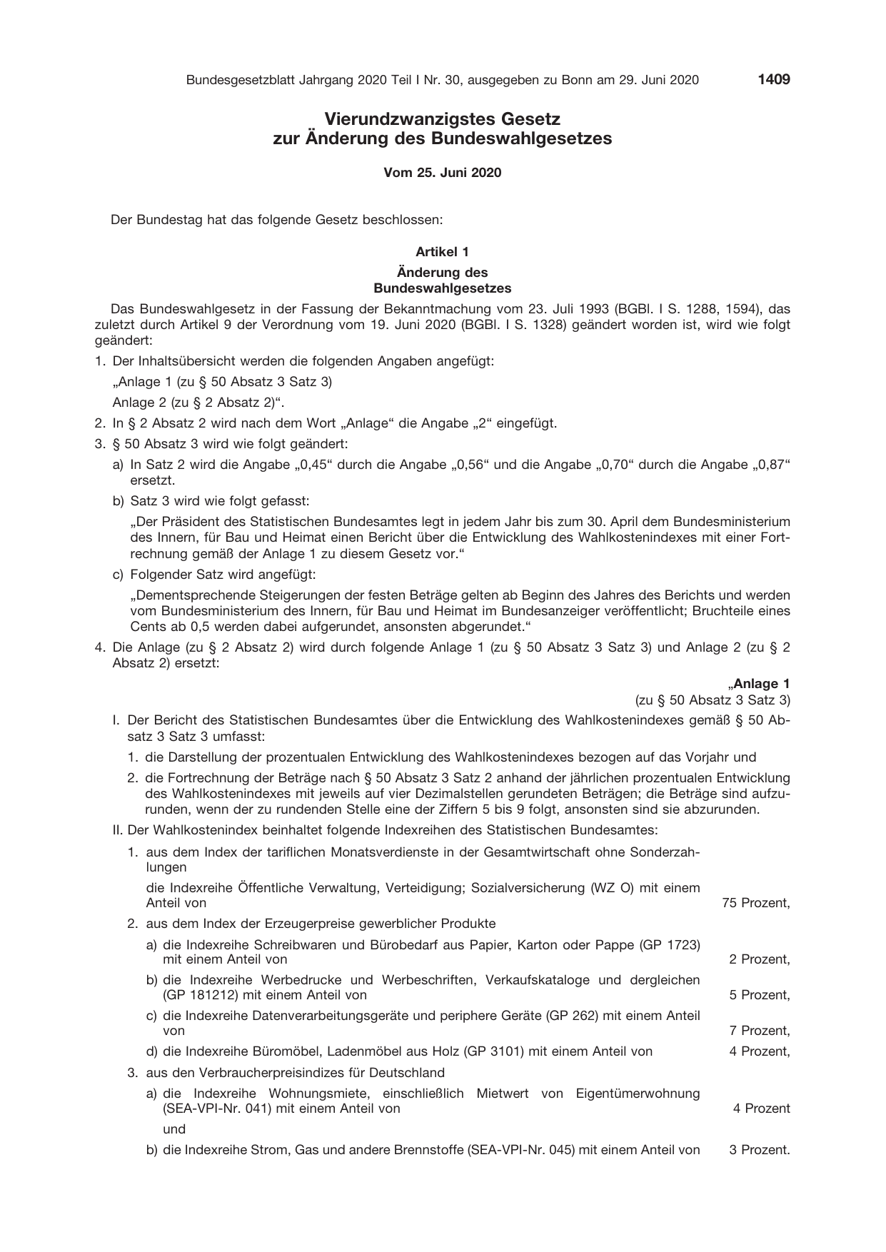 BGBl. 2020, Seite 1409 — Originalseite als Abbildung