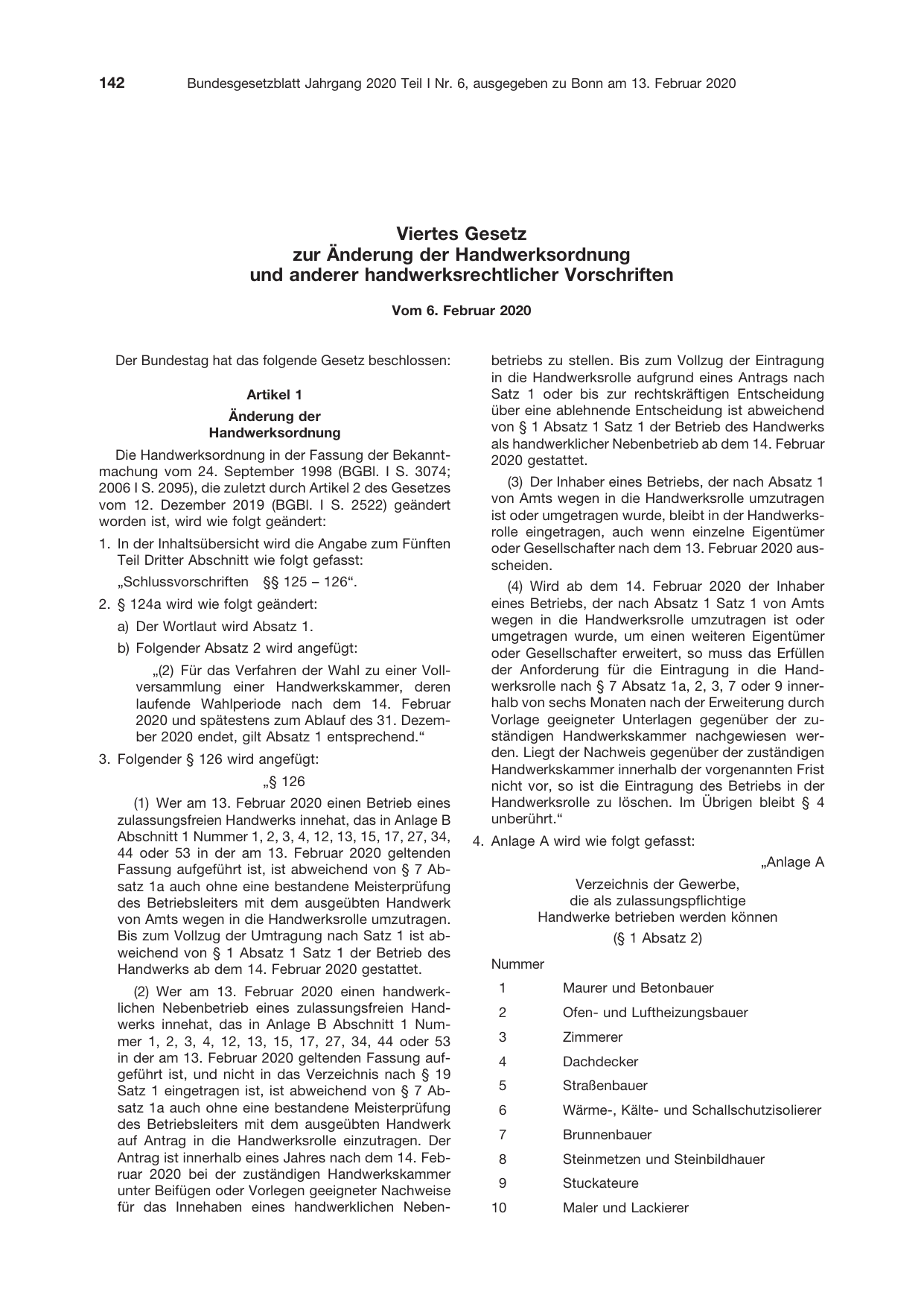 BGBl. 2020, Seite 142 — Originalseite als Abbildung