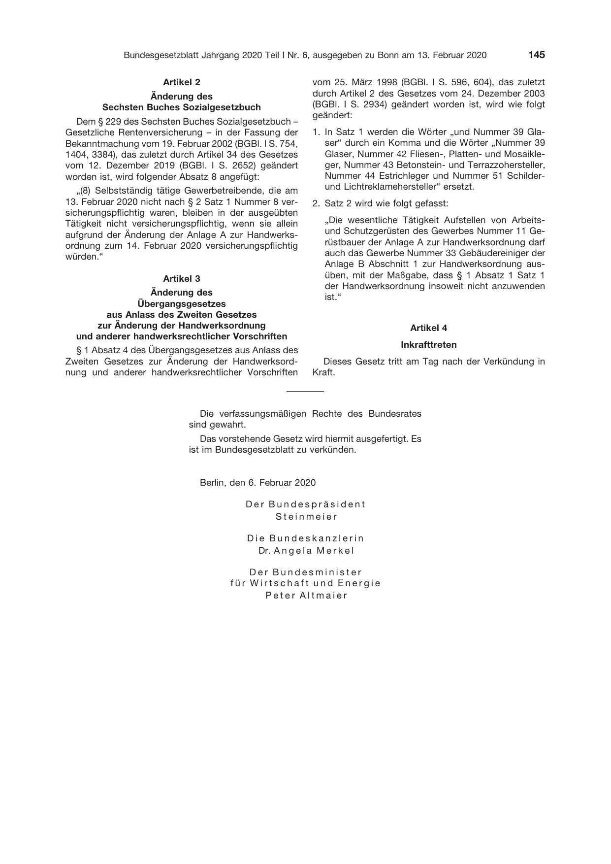BGBl. 2020, Seite 145 — Originalseite als Abbildung
